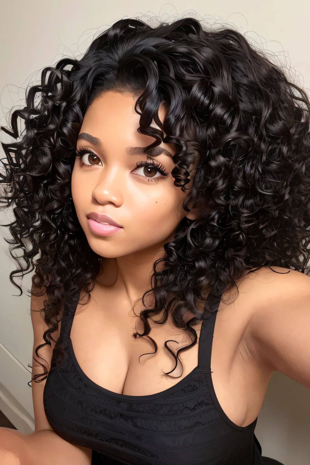 a close up of a woman with a pink top and a black hair, with textured hair and skin, curly afro, curls and curves, black curly hair, her face framed with curls, long wild black curly hair, photo of a black woman, curly haired, justina blakeney, wavy hair spread out, with afro, natural hair, long afro hair