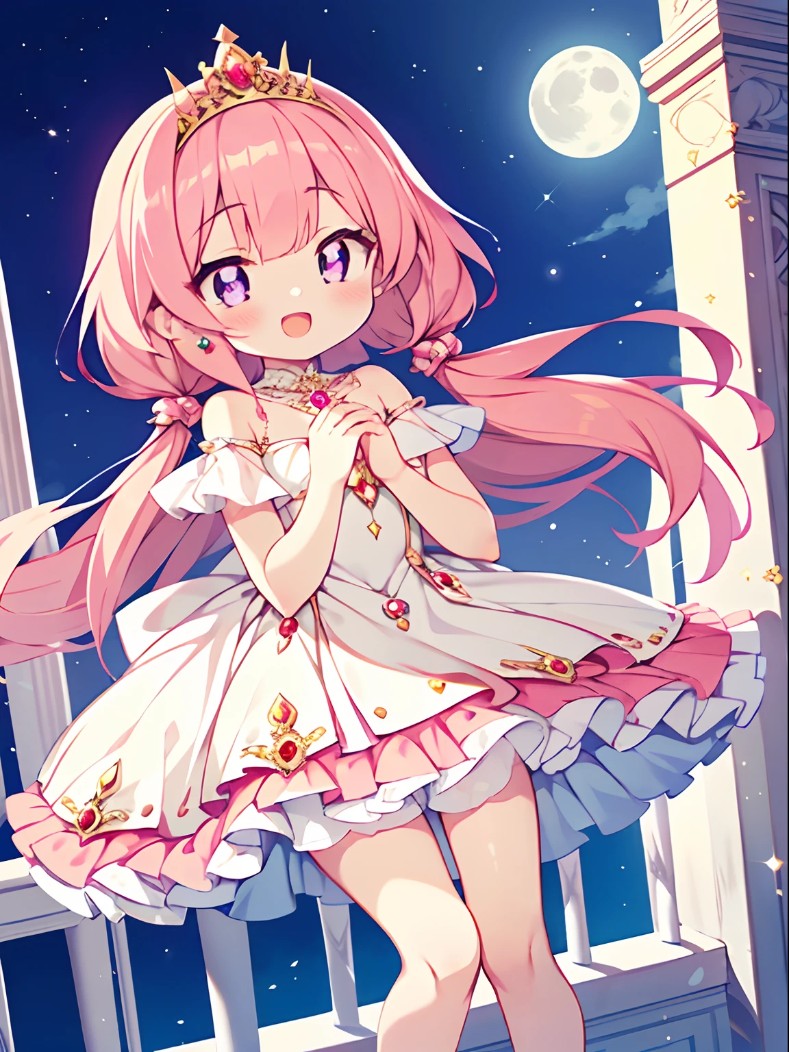 Colorful , masutepiece, Best Quality, 1girl in, li, pink hair, shiny hair, violet eyes, shiny eyes, jewelry eyes, bewitching smile, open mouth, luxury princess dress, lovely face, pink mule, white sheer tights, skinny legs, contrapposto, own hands together, luxury palace balcony, night, full moon,