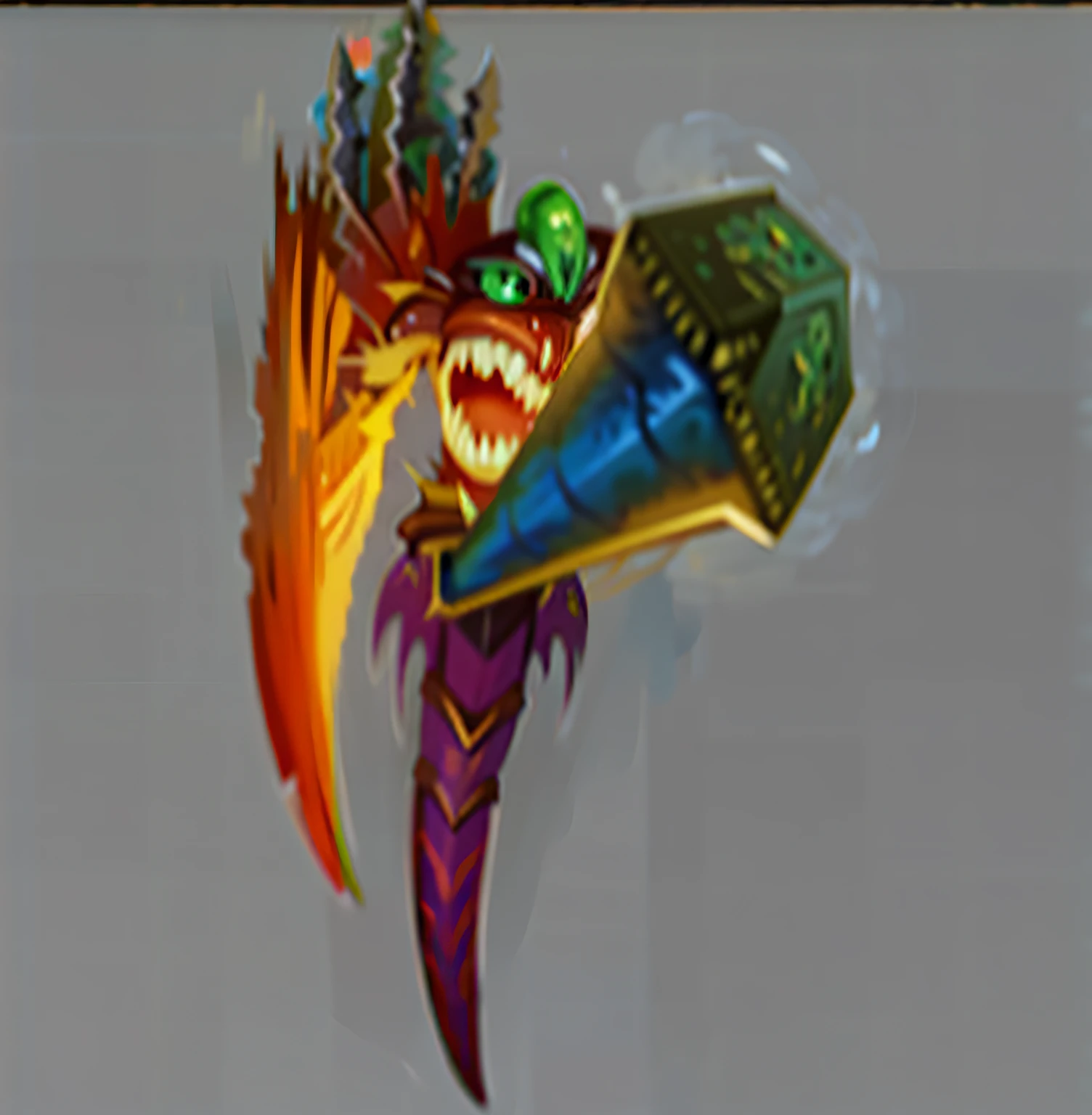 Close-up of a man holding a big speaker, murloc tinyfin, detailed hot maw, from world of warcraft, dragon maw, mage robe based on a toucan, with leviathan axe, half - demon horn, warcraft blizzard weapon art, naga-tirr, detailed maw, heavy jpeg artifact blurry, draconic staff, world of warcraft spell icon