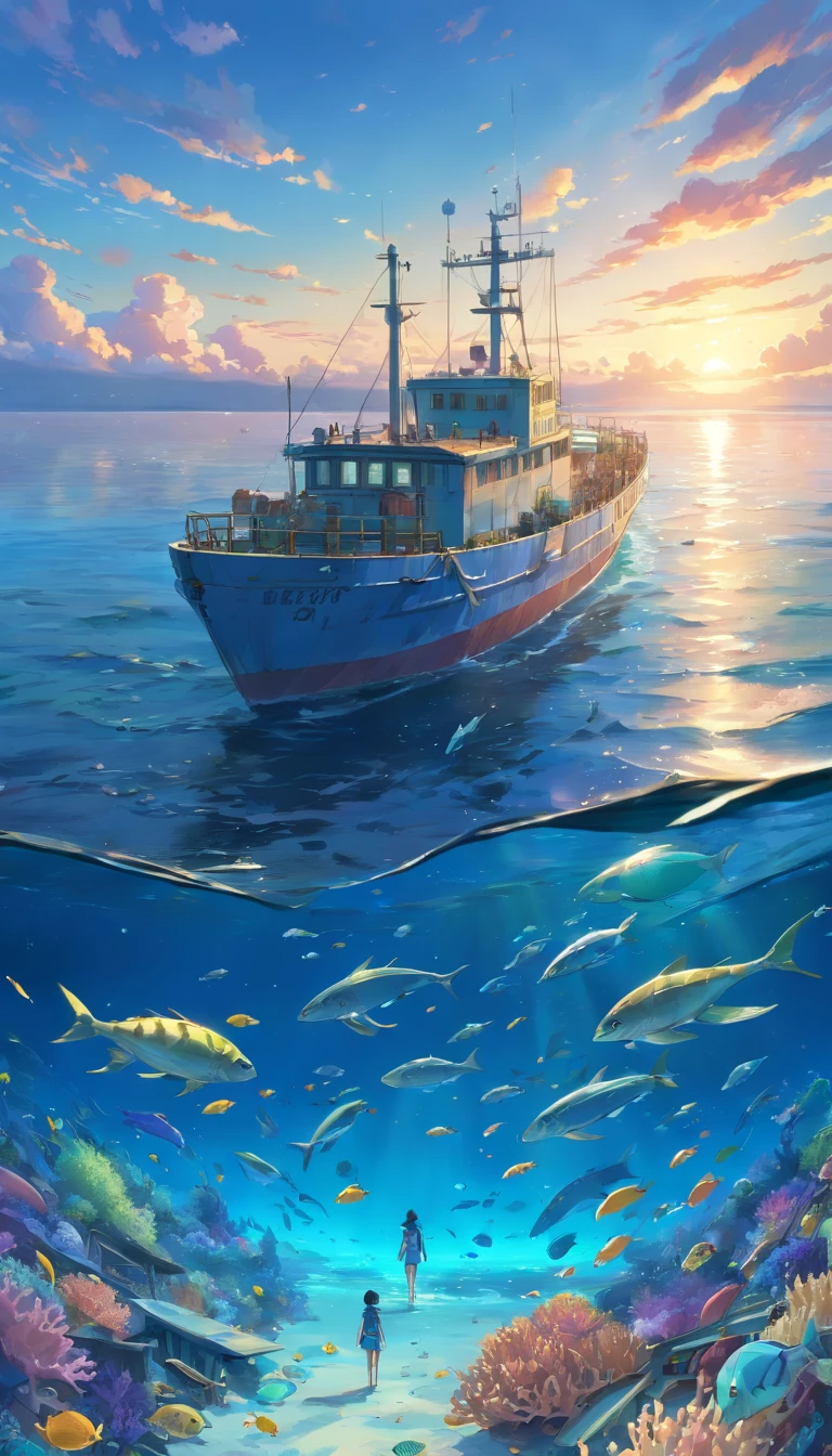 (deep-sea creatures, ship navigating, plastic-burdened beach), (best quality, 4k, highres), ultra-detailed, (photorealistic:1.37), vivid colors, HDR, underwater scene, sparkling bioluminescence, exotic marine species, ancient shipwreck, clear blue water, sunrays penetrating the ocean surface, dramatic lighting, realistic reflections, intricate coral reefs, schools of colorful fish, swirling currents, plastic debris floating, distressed sea turtles, polluted shoreline, distant horizon, gloomy atmosphere