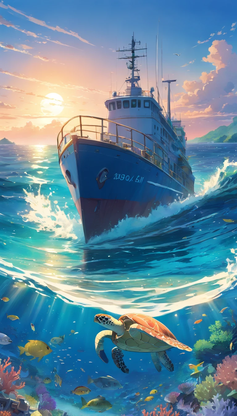 (deep-sea creatures, ship navigating, plastic-burdened beach), (best quality, 4k, highres), ultra-detailed, (photorealistic:1.37), vivid colors, HDR, underwater scene, sparkling bioluminescence, exotic marine species, ancient shipwreck, clear blue water, sunrays penetrating the ocean surface, dramatic lighting, realistic reflections, intricate coral reefs, schools of colorful fish, swirling currents, plastic debris floating, distressed sea turtles, polluted shoreline, distant horizon, gloomy atmosphere