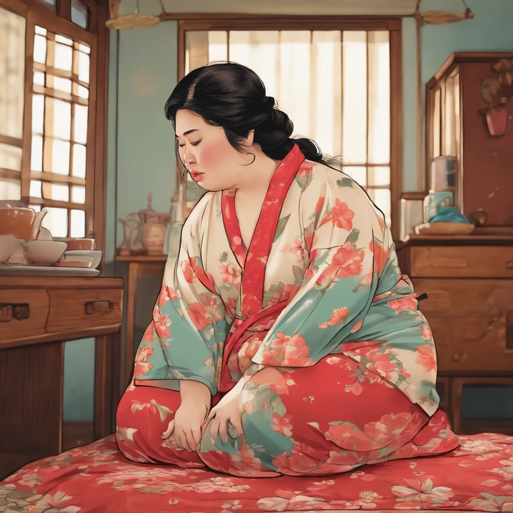 Fat Japan woman in her 20s in vomiting pajamas