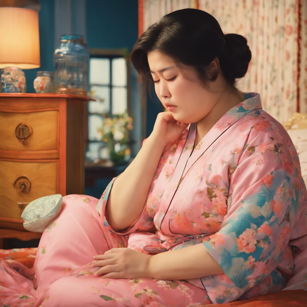 Fat Japan woman in her 20s in vomiting pajamas
