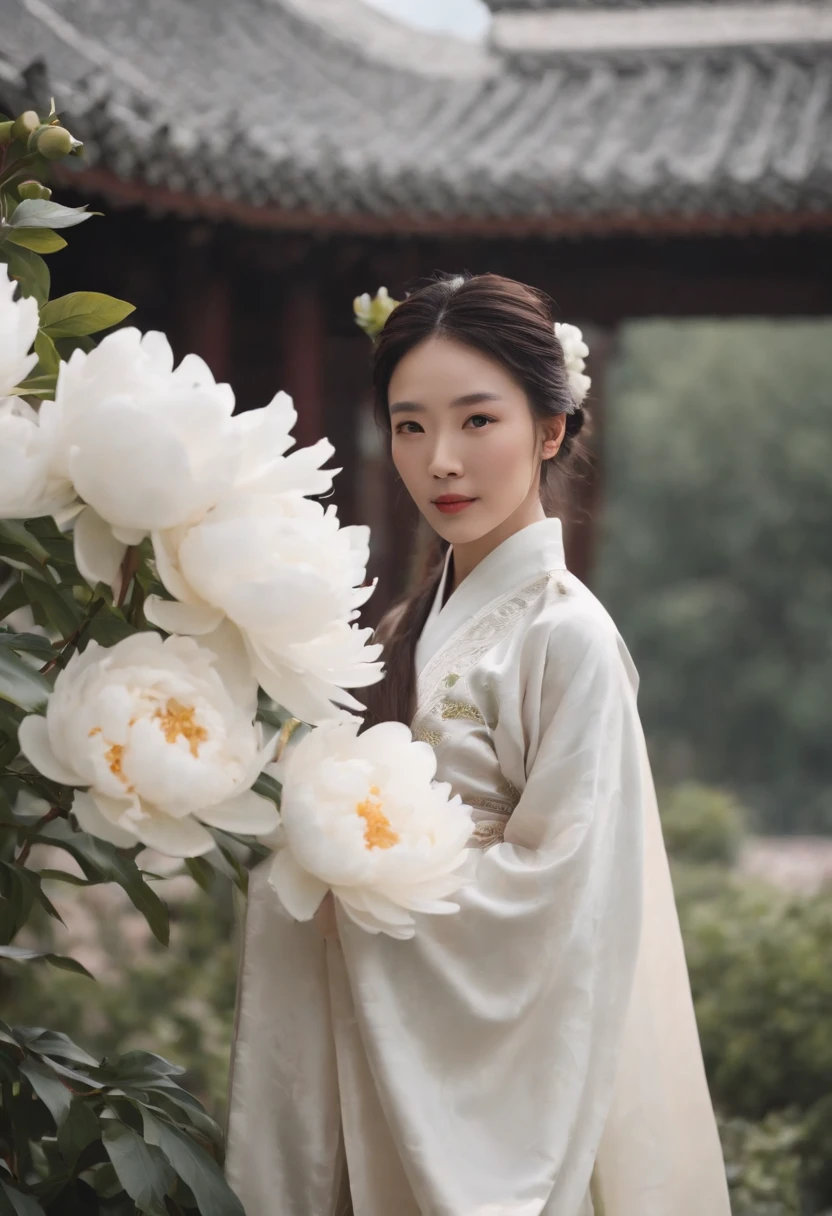 equinox，White peony,，Traditional Chinese architecture，The woman standing next to Hanfu Flower，One guy々scenecy、catss、