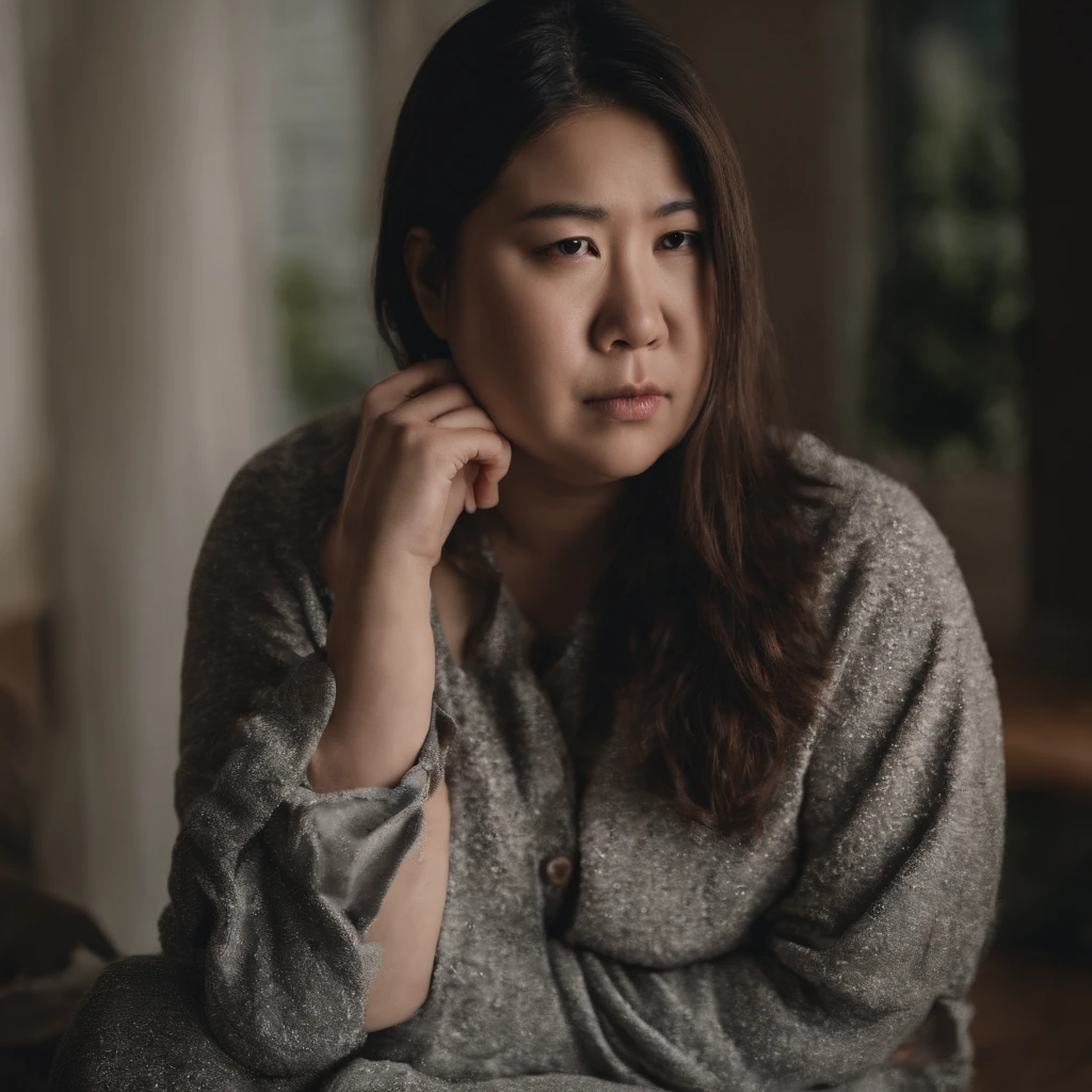 Fat Japan woman in her 20s in vomiting pajamas