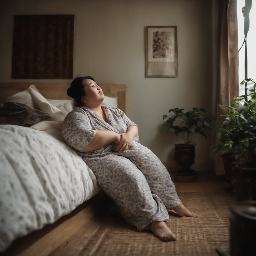 Fat Japan woman in her 20s in vomiting pajamas