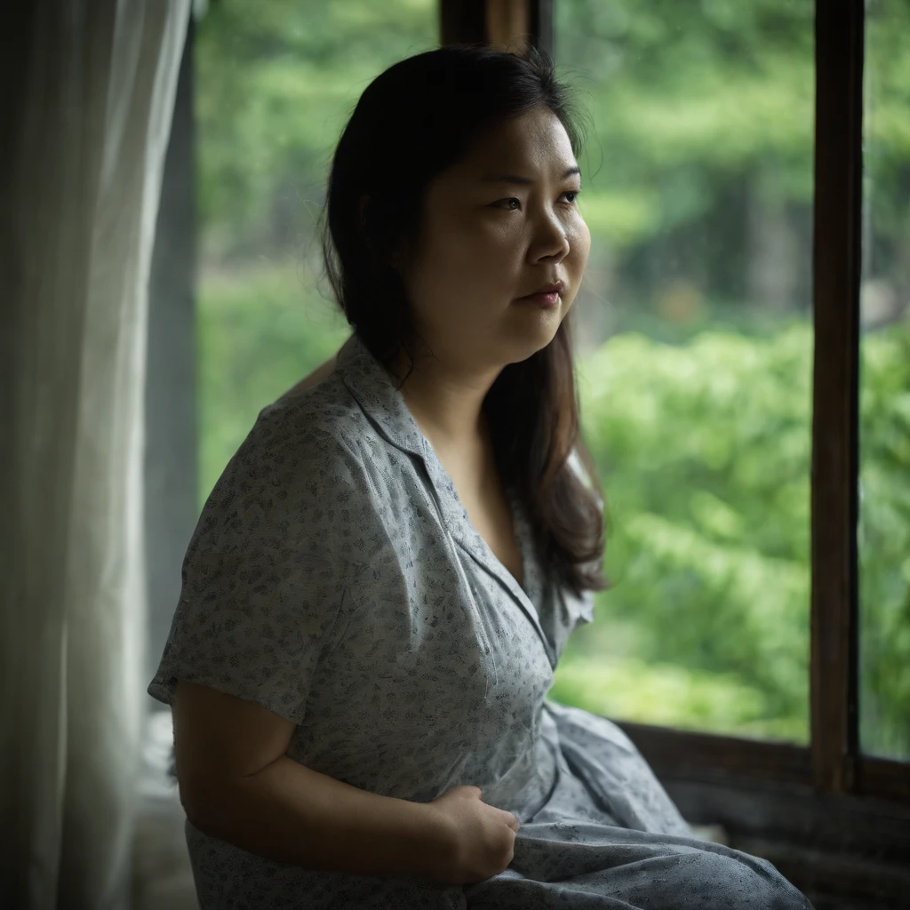 Fat Japan woman in her 20s in vomiting pajamas