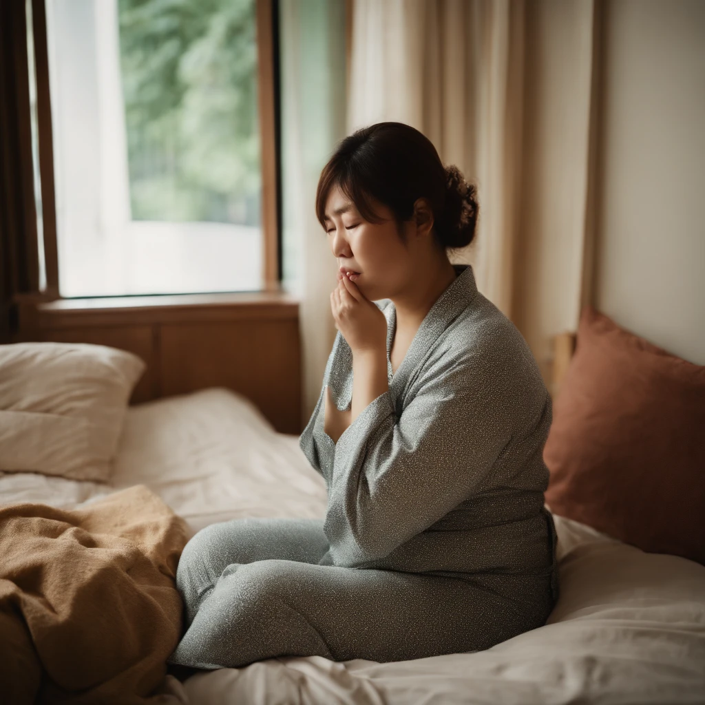 Fat Japan woman in her 20s in vomiting pajamas