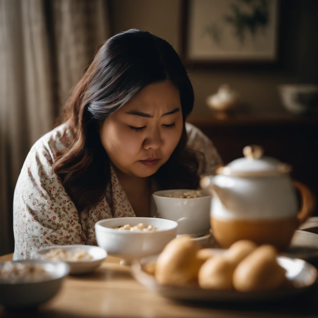 Fat Japan woman in her 20s in vomiting pajamas