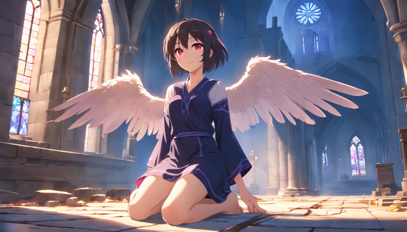 Seductive girl image、Cute girl image、Realistic young gravure idol characters、pretty face with arms and legs、norse goddess、photo of slim girl model、European girl、black classical dress、Black angel wings、Wet black purple long straight hair、Pale skin、Red eyes、Sing among the ruins of the church、