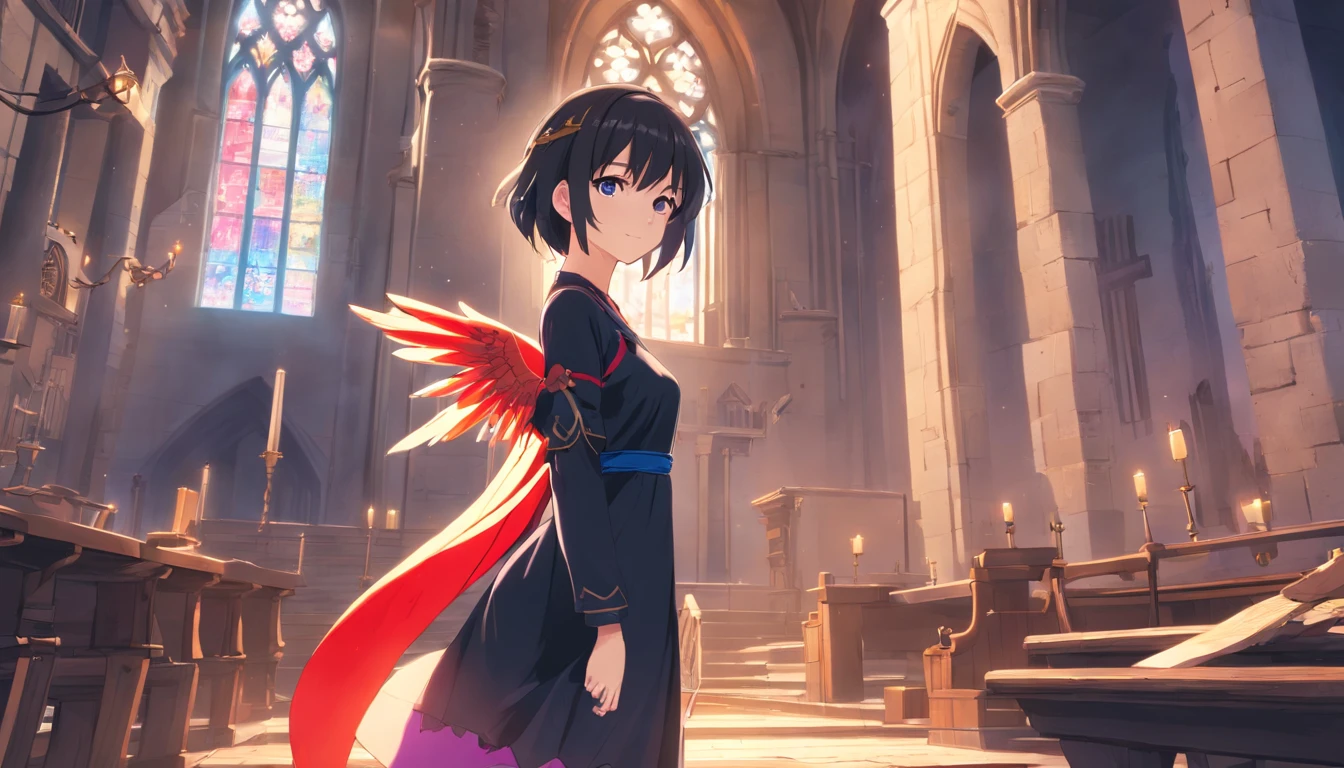 Seductive girl image、Cute girl image、Realistic young gravure idol characters、pretty face with arms and legs、norse goddess、photo of slim girl model、European girl、black classical dress、Black angel wings、Wet black purple long straight hair、Pale skin、Red eyes、Sing among the ruins of the church、