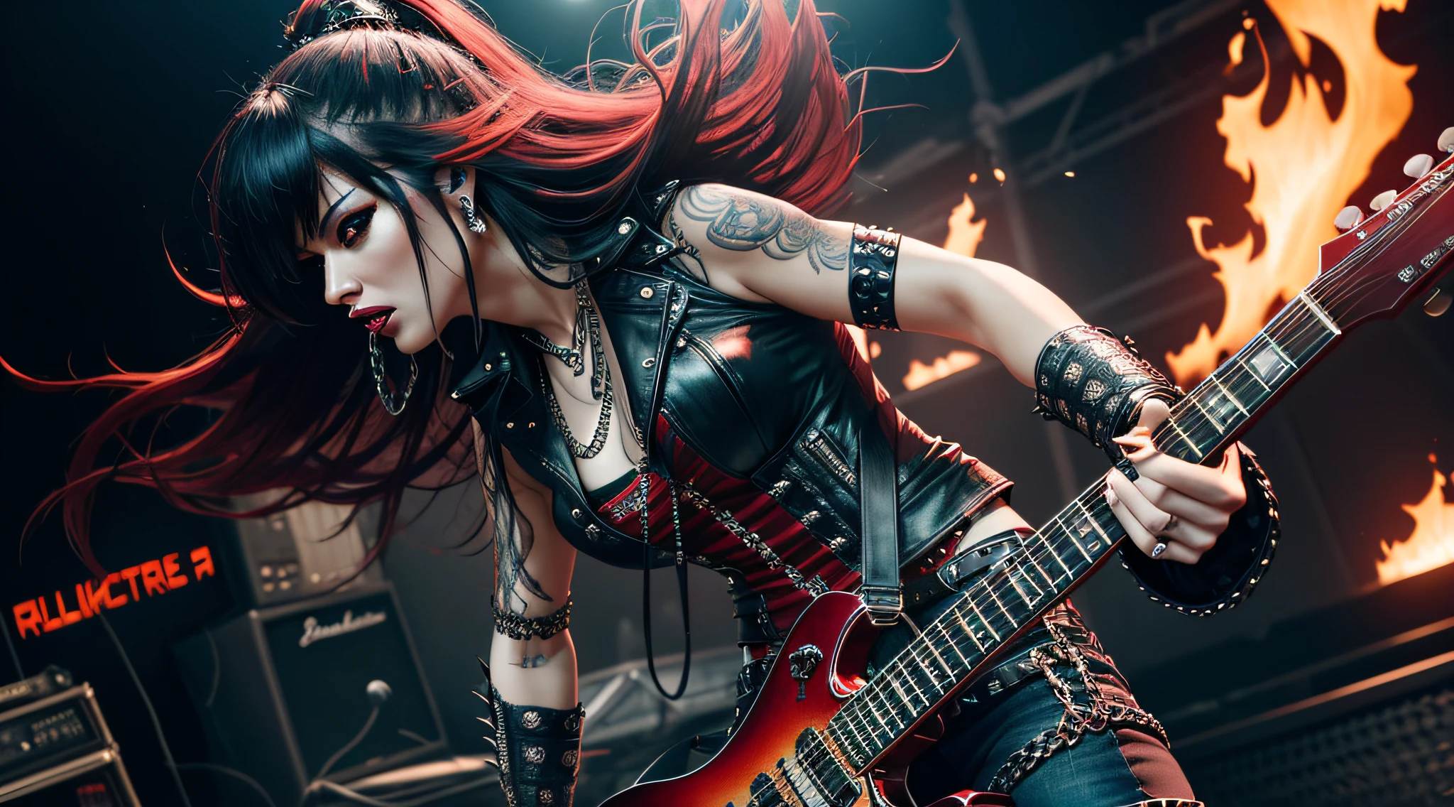 (Masterpiece:1.3, Best quality, Photorealistic, Ultra-detailed, finely detailed, high resolution, 8K wallpaper) Heavy metal, biker chick with chains and spikes, ferocious expression, powerful Asian female rock star, oriental dressed in red and torn jeans, dark eyeliner and black lipstick, heavy music, fierce woman, standing tall, epic guitar solo, guitar on fire, woman solo electric guitar, female guitarist of metal, woman playing the guitar, electric guitar made of metal, flames on stage, female rocker playing a concert,