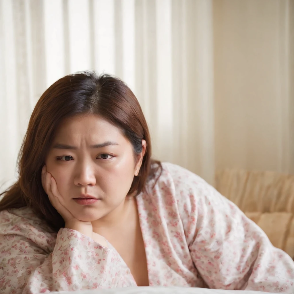 Fat Japan woman in her 20s in vomiting pajamas
