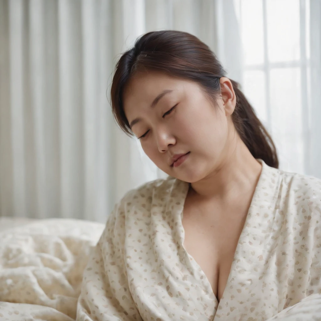 Fat Japan woman in her 20s in vomiting pajamas
