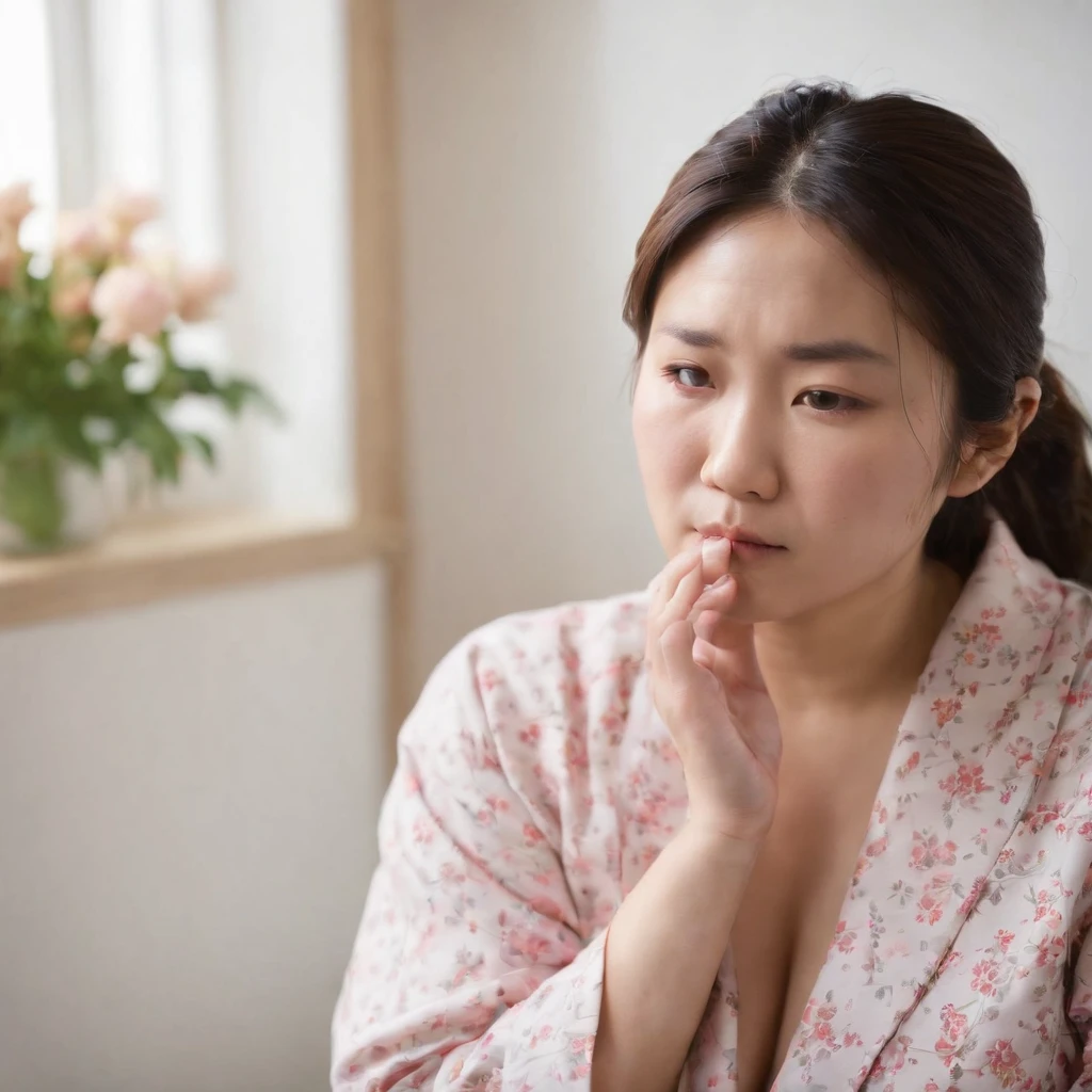 Fat Japan woman in her 20s in vomiting pajamas