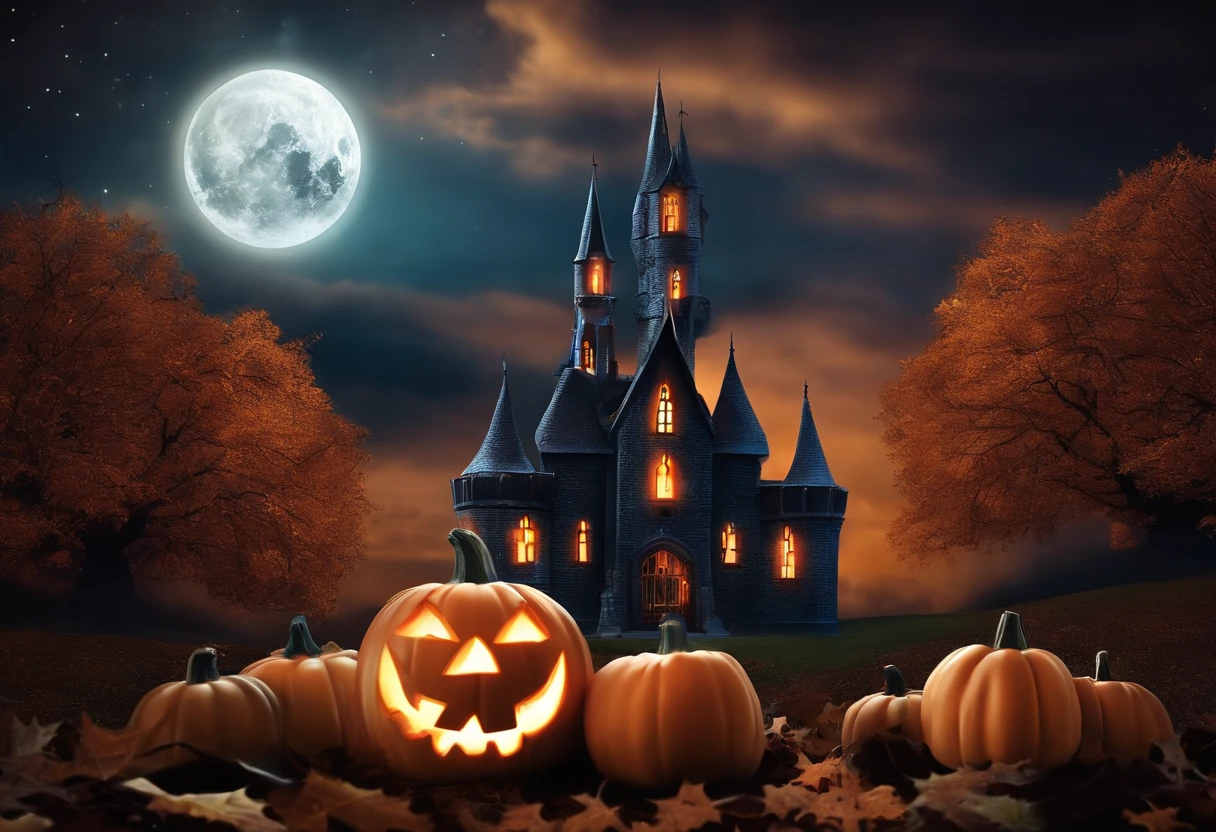 Happy Halloween background with pumpkin and castle, halloween celebration, Halloween, halloween wallpaper with ghosts, halloween theme, halloween atmosphere, spooky halloween fun, halloween night, in a halloween style, terroral》, horror”, creepy themed, halloween scene, spooky halloween night, Trick or Treat, ❤🔥🍄🌪, 8K)), header text”