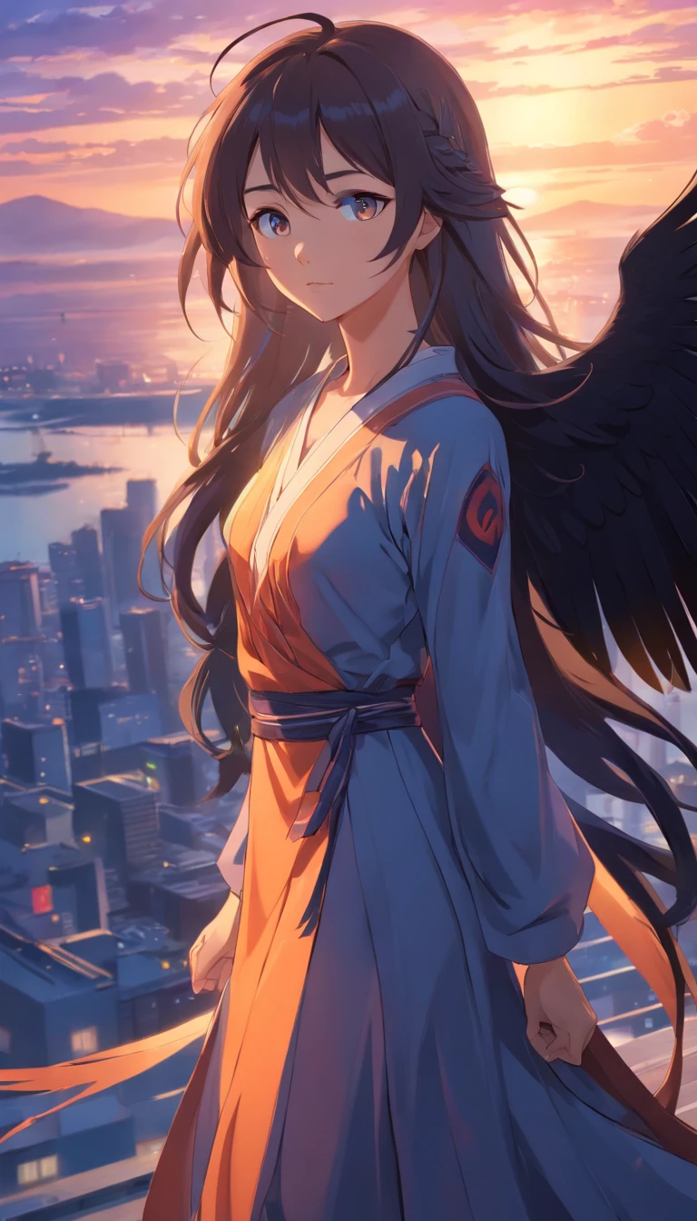 masterpiece, best quality, movie still, 1girl, monstergirl, crow woman, full body, portrait, detailed (eyes), long (hair), perfect body, proportional body, crow|raven wings, deep look, wearing (long dress and pants), close-up,  cold soft lighting, sunset, (aura:0.7)