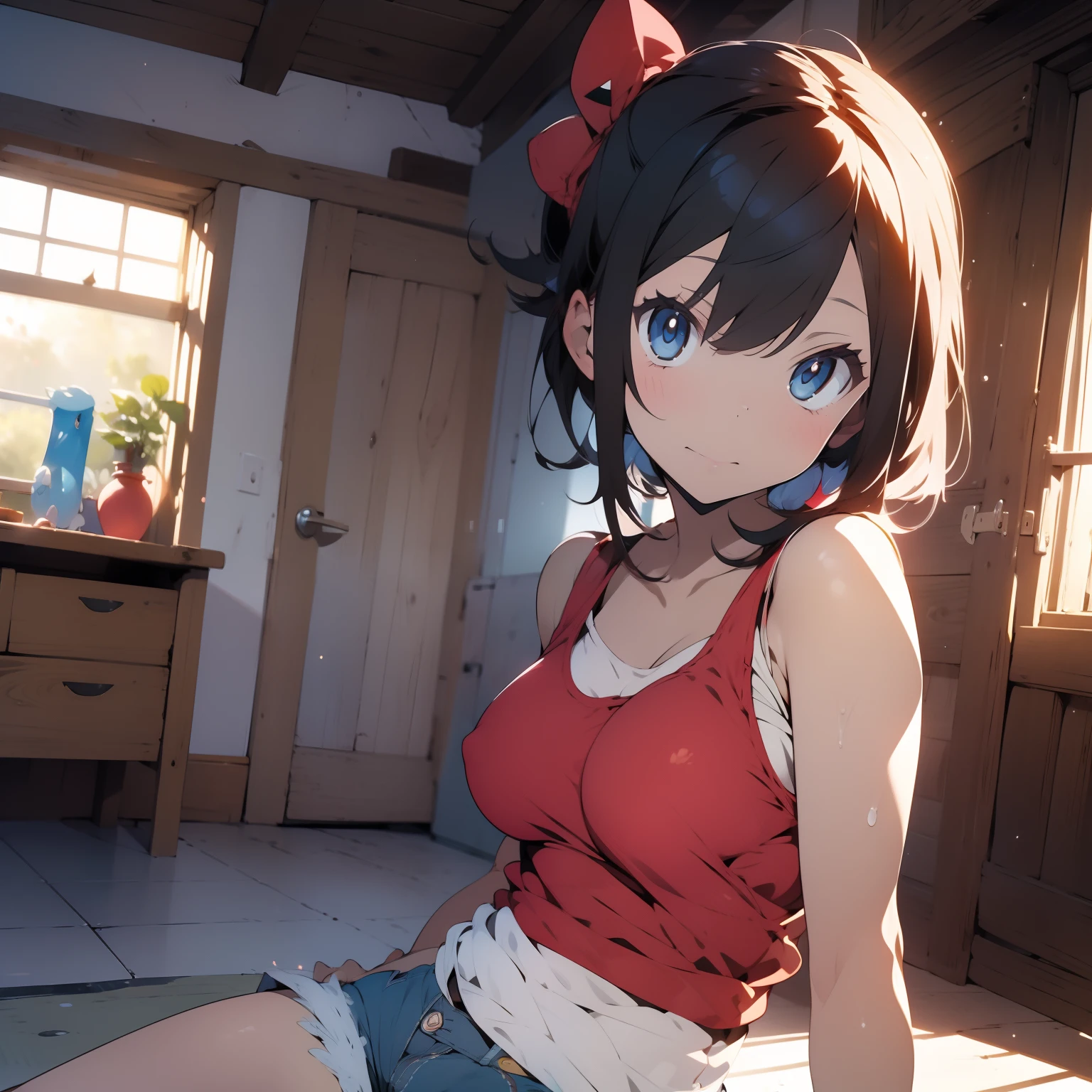 (masterpiece, best quality), cowboy shot , 1girl, indoors, beautiful, medium tits, gorgeous, expressive eyes, perfect face, May_pokemon, may from pokemon,
short brown hair, red bandana, red tank-top, white denim shorts, sitting on floor, 
detailed eyes,