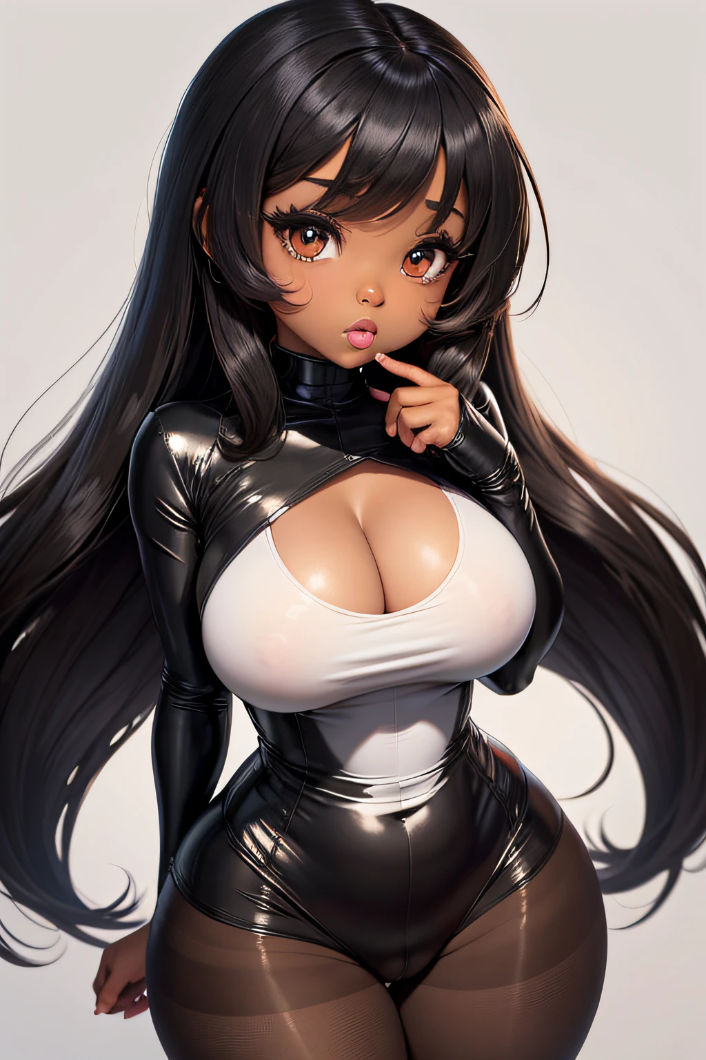 super deformed chibi cartoon small big eyes black woman with huge tits  skin tight white pantyhose