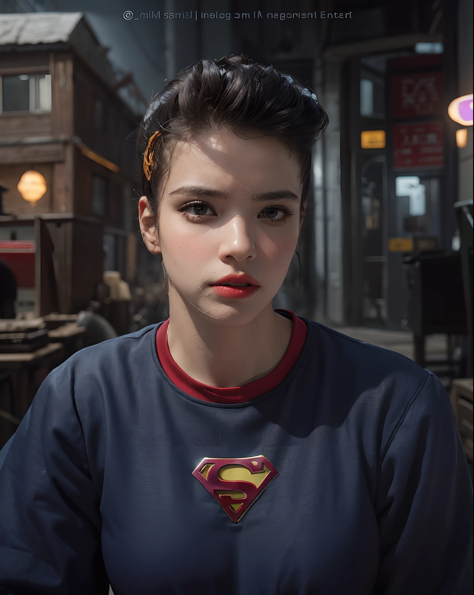 motor irreal:1.4,UHD,La mejor calidad:1.4, fotorrealista:1.4, textura de la piel:1.4, obra maestra:1.8,Cuerpo de mujer con grandes pechos, vestido de disfraz de Supergirl,Fire apocalyptic city,