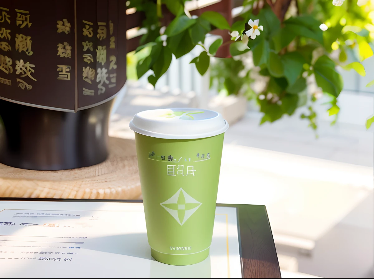 There was a cup of green tea on the tray,A tree in the background, The details of the paper cup are highly restored, product introduction photos, realisticlying,high detal,tmasterpiece,Best quality,High Picture Quality。