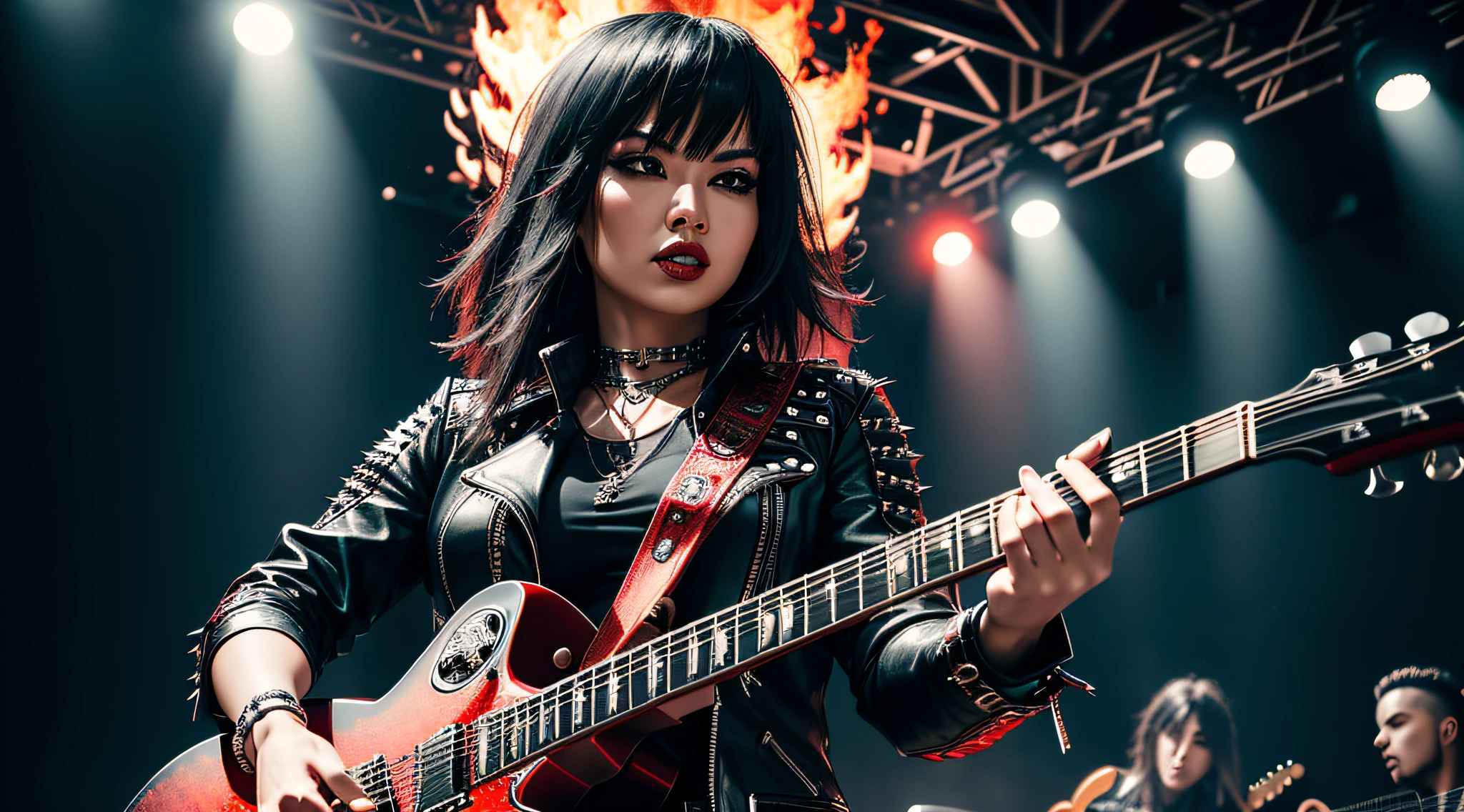 (Masterpiece:1.3, Best quality, Photorealistic, Ultra-detailed, finely detailed, high resolution, 8K wallpaper) Heavy metal, biker chick with chains and spikes, ferocious expression, powerful Asian female rock star, oriental dressed in red and torn jeans, dark eyeliner and black lipstick, heavy music, fierce woman, standing tall, epic guitar solo, guitar on fire, woman solo electric guitar, female guitarist of metal, woman playing the guitar, electric guitar made of metal, flames on stage, female rocker playing a concert,