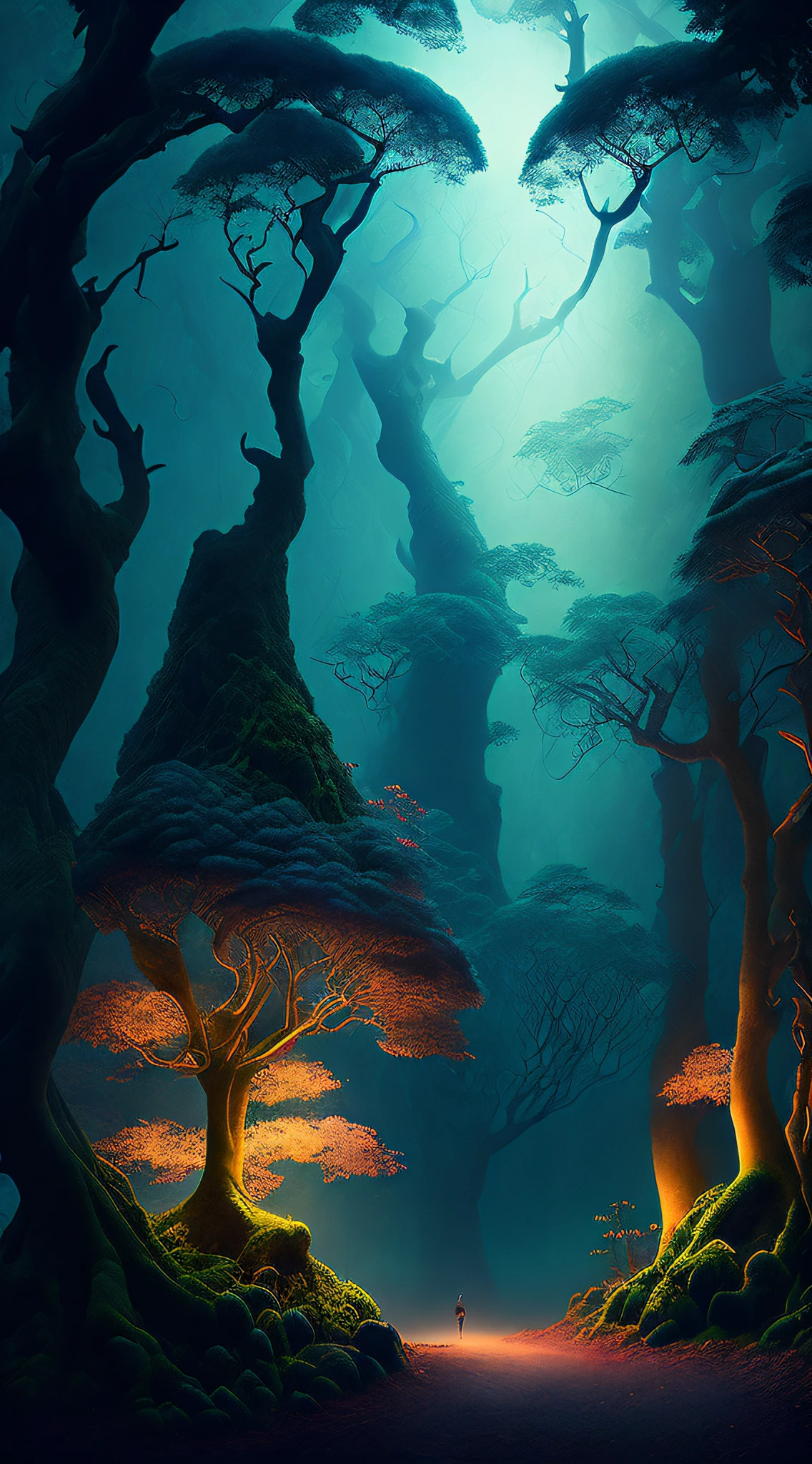 Picture a dense, ancient forest, shrouded in mist, with gnarled trees and glowing, otherworldly flora.