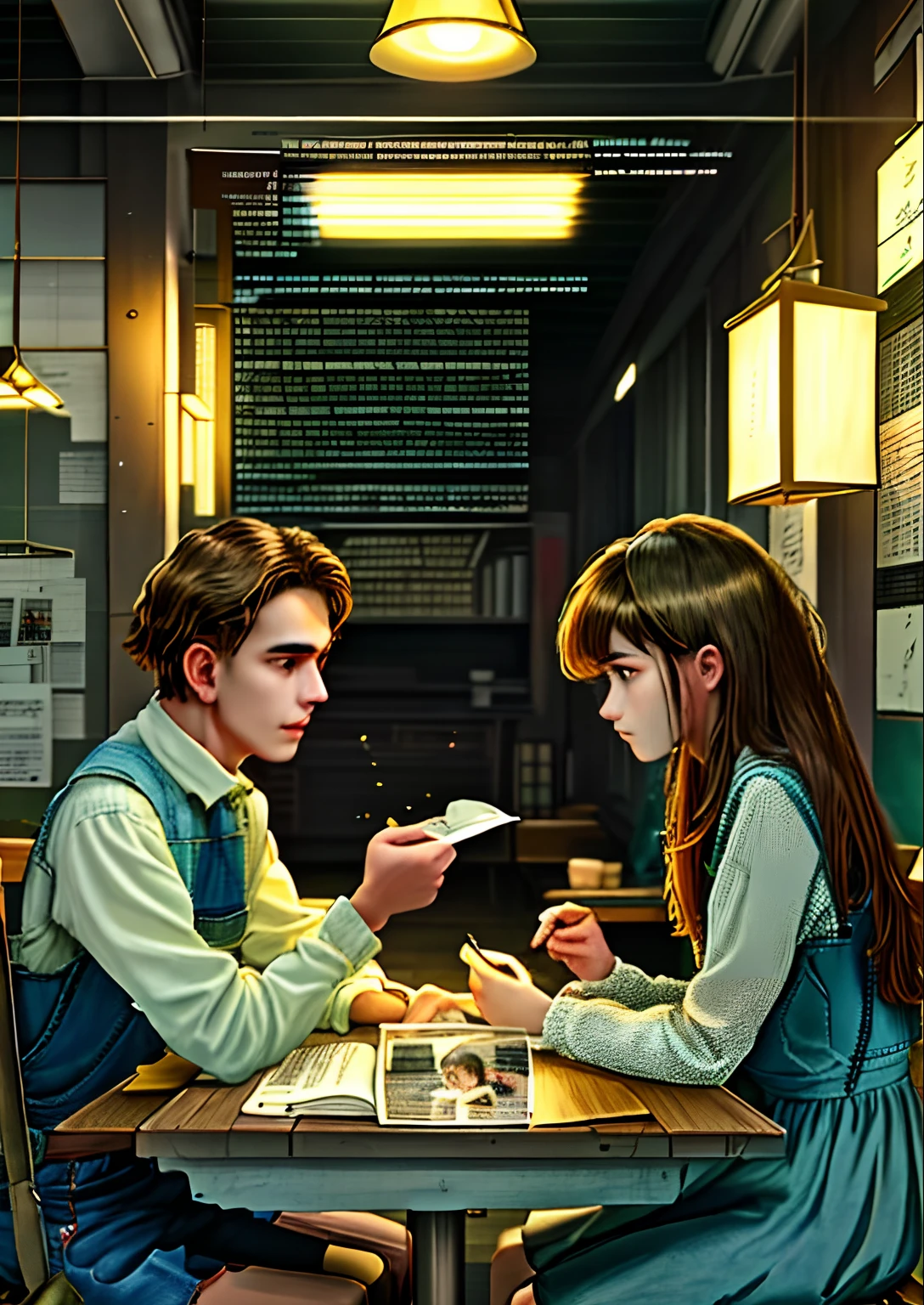 The boundary between young men and young girls,Men wear overalls,Women's clothing wears school uniforms,The two sat down facing the table,On the table was a book,Dim lamp lighting。Travel through time,Over the years,7 of the last century、80s painting style,