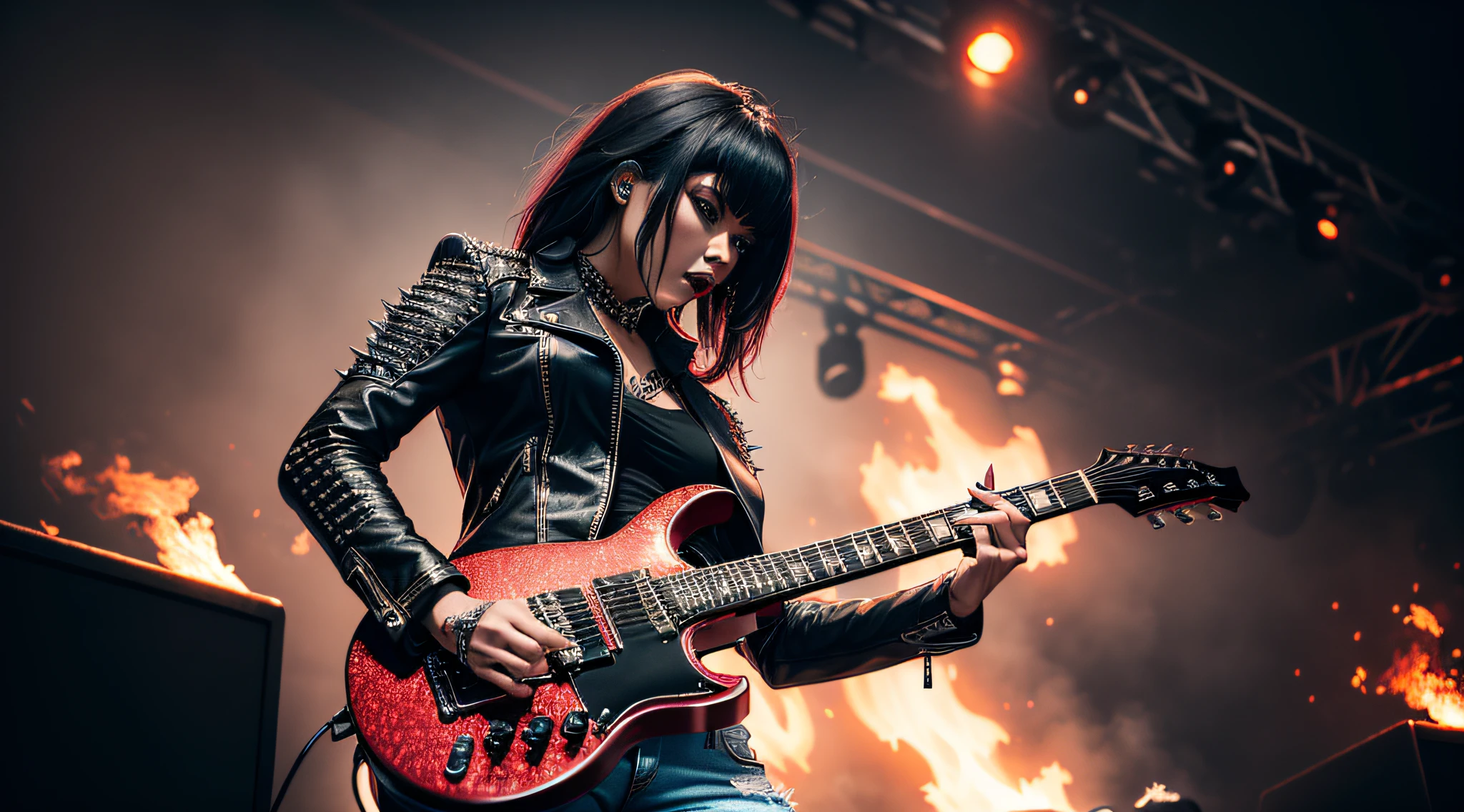 (Masterpiece:1.3, Best quality, Photorealistic, Ultra-detailed, finely detailed, high resolution, 8K wallpaper) Heavy metal, biker chick with chains and spikes, ferocious expression, powerful Asian female rock star, oriental dressed in red and torn jeans, dark eyeliner and black lipstick, heavy music, fierce woman, standing tall, epic guitar solo, guitar on fire, woman solo electric guitar, female guitarist of metal, woman playing the guitar, electric guitar made of metal, flames on stage, female rocker playing a concert,