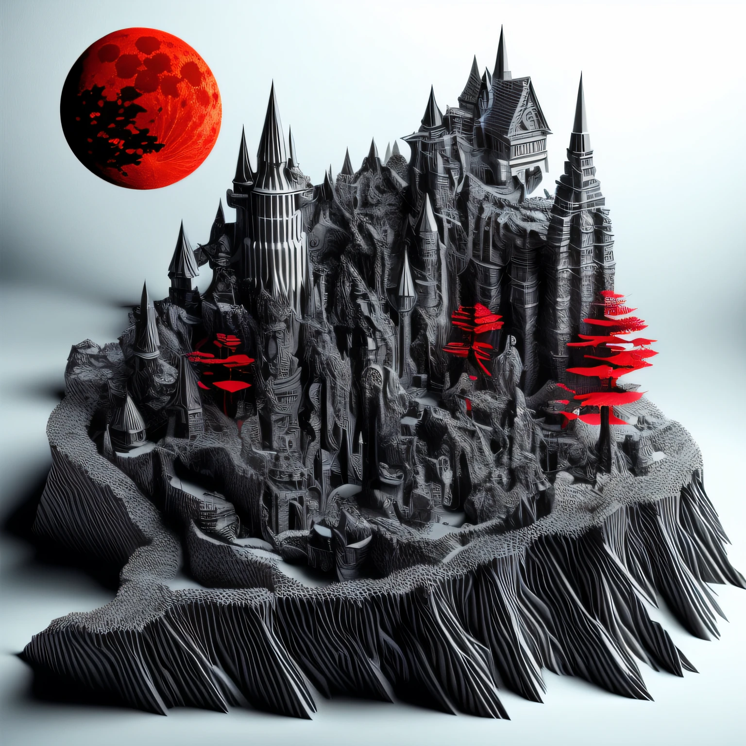 black and white and red scenic picture (paper cut art: 1.5) of a dark vampire castle at night, a masterpiece award winning (paper cut art picture: 1.5), Vampire dark castle at night with towers. turrets, a moat, using only (black: 1.2), (white: 1.2) and (red: 1.2)  colors, moon stars, dynamic angle, moon lightning, dynamic angle, best details, best quality, 16K, [ultra detailed], masterpiece, best quality, (ultra detailed), full body, ultra wide shot, photorealistic 3D rendering