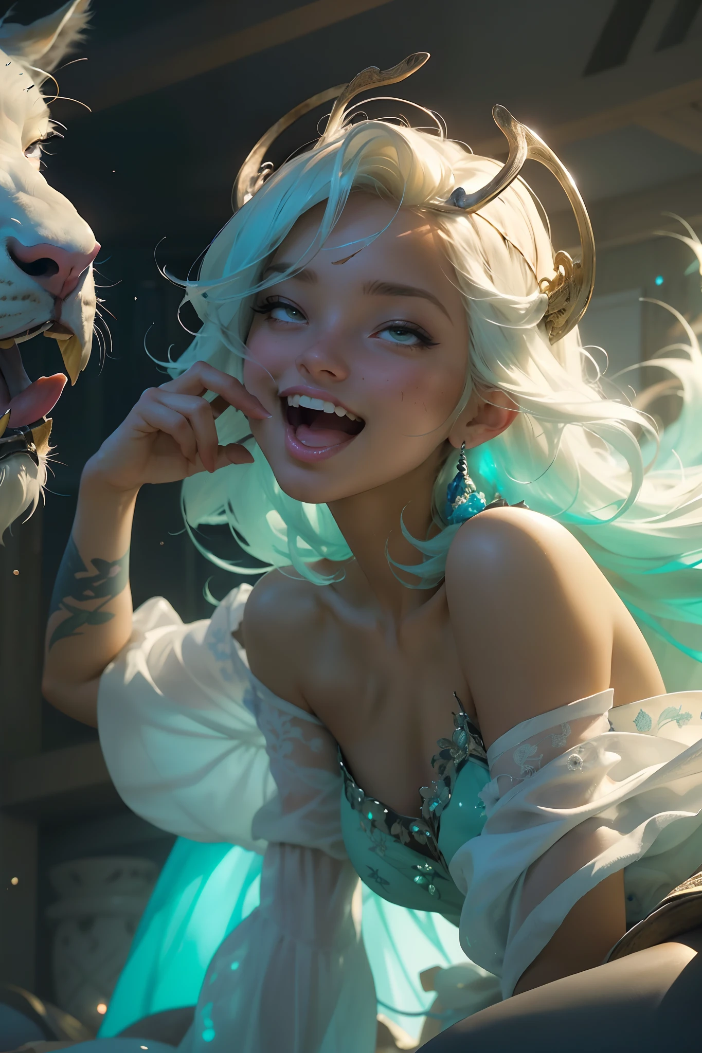 (((masterpiece))), (((best quality))), ((ultra-detailed)), (hyperrealistic), (highly detailed CG illustration), ((extremely delicate and beautiful)),cinematic light, (full body:1.2), 1girl, solo, graceful and enchanting figure, radiating an aura of elegance, intricate facial features, mesmerizing eyes with vibrant colors and delicate shading, white hair, (ahegao:1.2), (ahg:1.2), climax face, (rolling eyes:1.4), shivering, trembling, in agony, (reaching the climax:1.4), biting lips, blush, embarrassed, tongue, drool, (head facing upwards:1.1),clothing with elaborate patterns, flowing fabrics and rich textures, off shoulder, off-the-shoulder, reflecting a blend of fantasy and contemporary fashion, environment showing mystical realm filled with magical elements, vibrant colors, dynamic lighting, detailed background elements to create a sense of depth and immersion , latest trends in anime art, lighting effects, from the top artists on ArtStation and their exceptional execution of various art styles and themes , (cowboy shot:1.4), high-resolution artwork to showcase intricate details and clarity