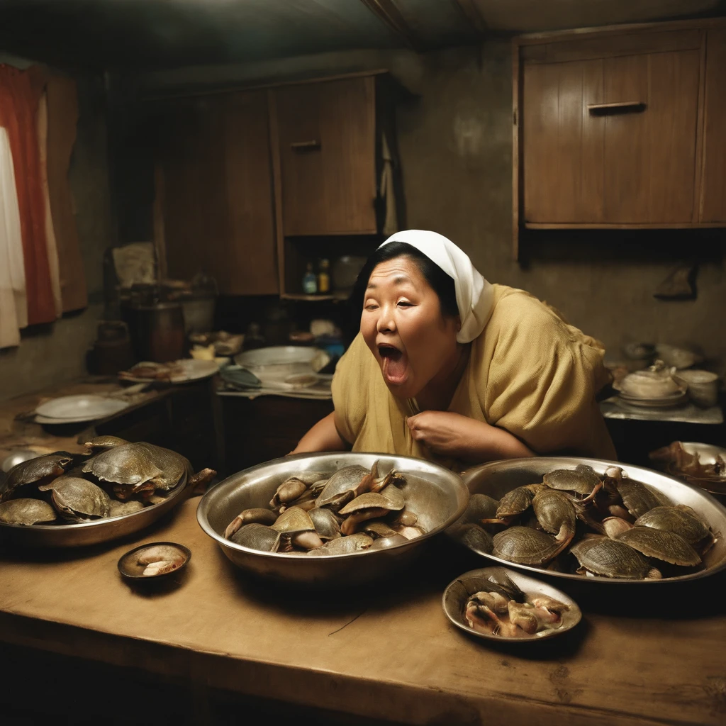 Rotting turtles and crabs crawl in a woman's bedroom at night after closing dirty curtains with large amounts of rotting internal organs, seafood, manure and vomit scattered in heavily polluted and murky sewage、Fat cute Japan woman spits out a large amount of food from her wide open mouth with a look of distress while her face is distorted by the stench