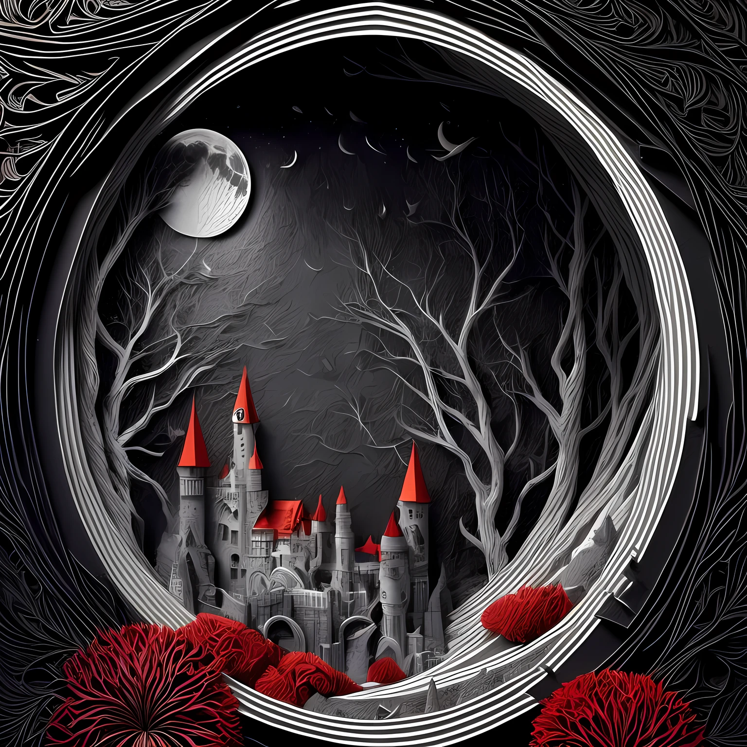 black and white and red scenic picture (paper cut art: 1.5) of a dark vampire castle at night, a masterpiece award winning (paper cut art picture: 1.5), Vampire dark castle at night with towers. turrets, a moat, using only (black: 1.2), (white: 1.2) and (red: 1.2)  colors, moon stars, dynamic angle, moon lightning, dynamic angle, best details, best quality, 16K, [ultra detailed], masterpiece, best quality, (ultra detailed), full body, ultra wide shot, photorealistic 3D rendering