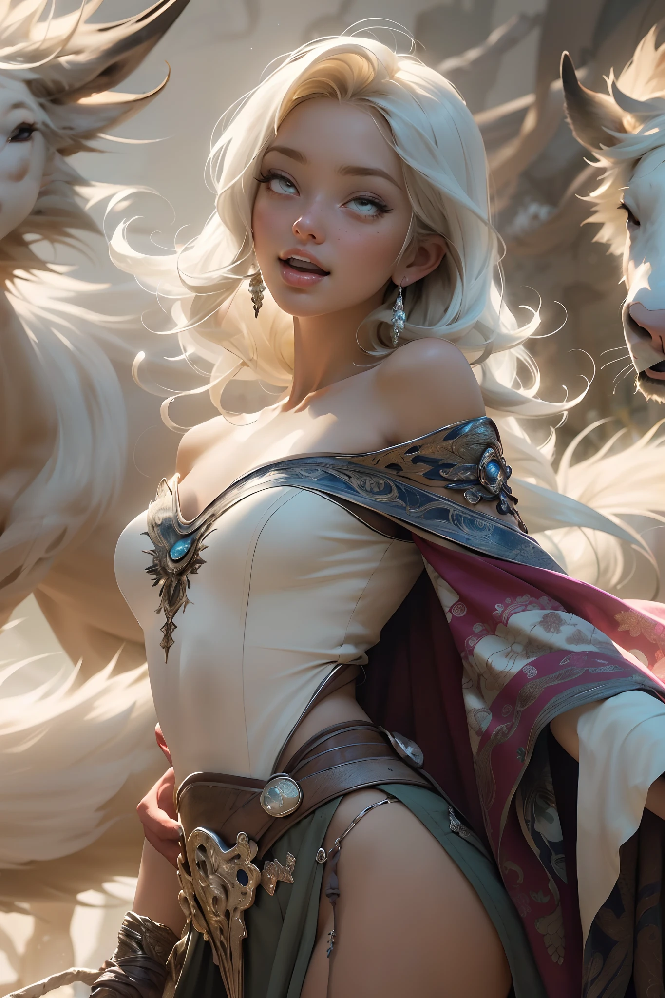 (((masterpiece))), (((best quality))), ((ultra-detailed)), (hyperrealistic), (highly detailed CG illustration), ((extremely delicate and beautiful)),cinematic light, (full body:1.2), 1girl, solo, graceful and enchanting figure, radiating an aura of elegance, intricate facial features, mesmerizing eyes with vibrant colors and delicate shading, white hair, (ahegao:1.2), (ahg:1.2), climax face, (rolling eyes:1.4), shivering, trembling, in agony, (reaching the climax:1.4), biting lips, blush, embarrassed, tongue, drool, (head facing upwards:1.1),clothing with elaborate patterns, flowing fabrics and rich textures, off shoulder, off-the-shoulder, reflecting a blend of fantasy and contemporary fashion, environment showing mystical realm filled with magical elements, vibrant colors, dynamic lighting, detailed background elements to create a sense of depth and immersion , latest trends in anime art, lighting effects, from the top artists on ArtStation and their exceptional execution of various art styles and themes , (cowboy shot:1.4), high-resolution artwork to showcase intricate details and clarity