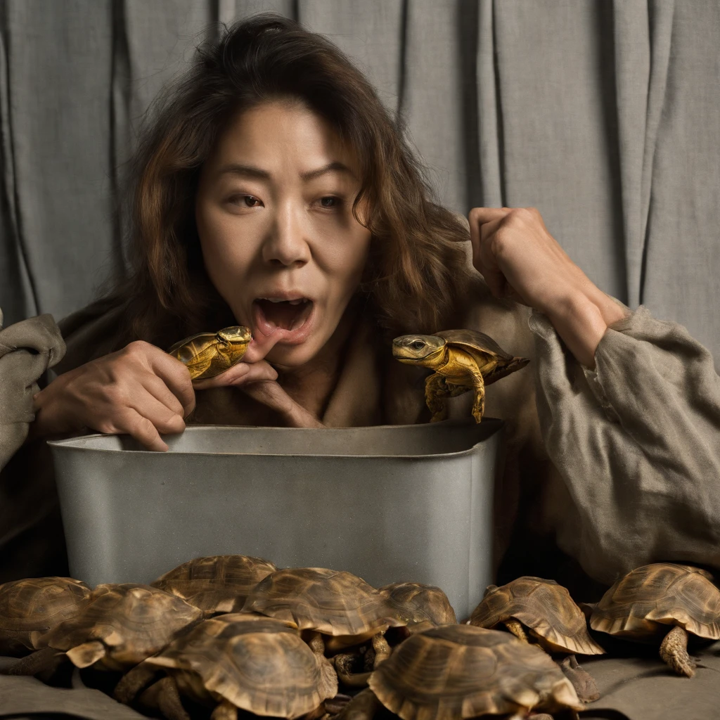 Rotting turtles and crabs crawl in a woman's bedroom at night after closing dirty curtains with large amounts of rotting internal organs, seafood, manure and vomit scattered in heavily polluted and murky sewage、Fat cute Japan woman spits out a large amount of food from her wide open mouth with a look of distress while her face is distorted by the stench