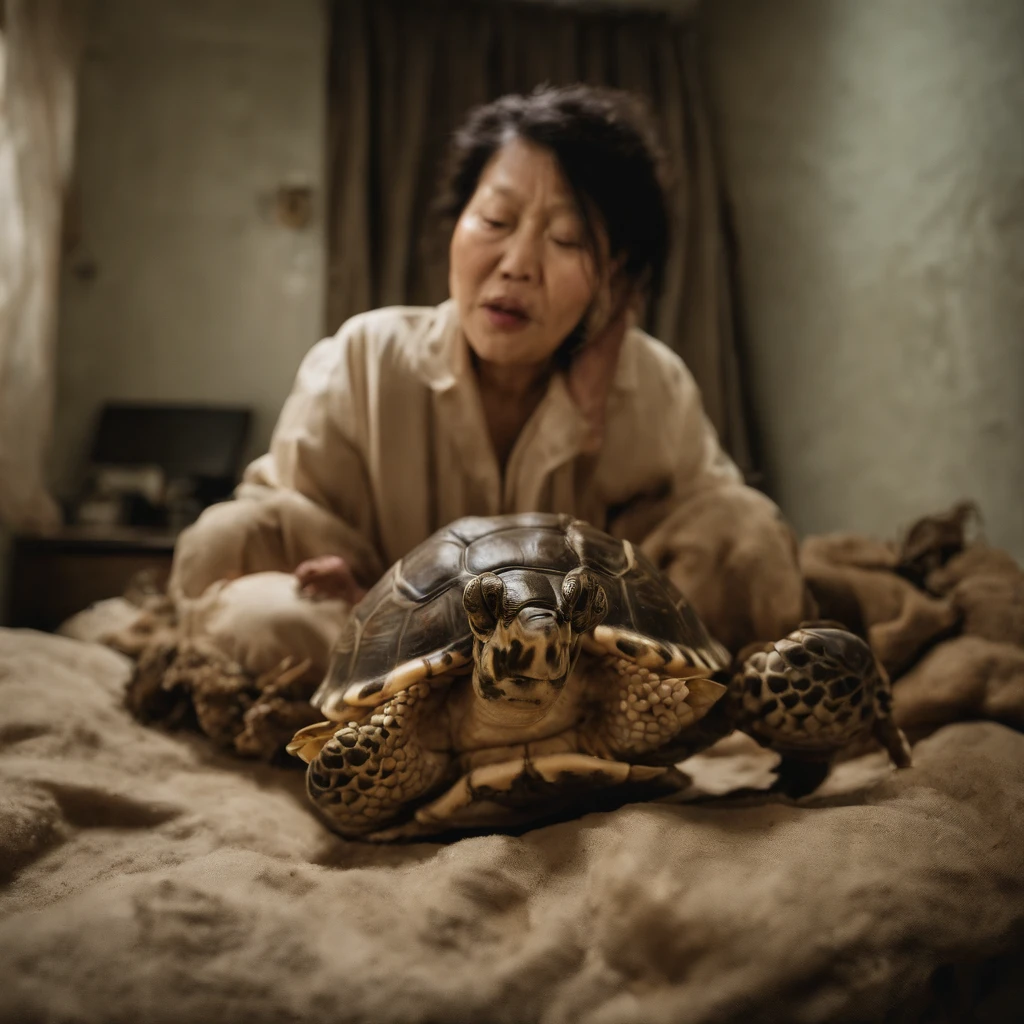 Rotting turtles and crabs crawl in a woman's bedroom at night after closing dirty curtains with large amounts of rotting internal organs, seafood, manure and vomit scattered in heavily polluted and murky sewage、Fat cute Japan woman spits out a large amount of food from her wide open mouth with a look of distress while her face is distorted by the stench