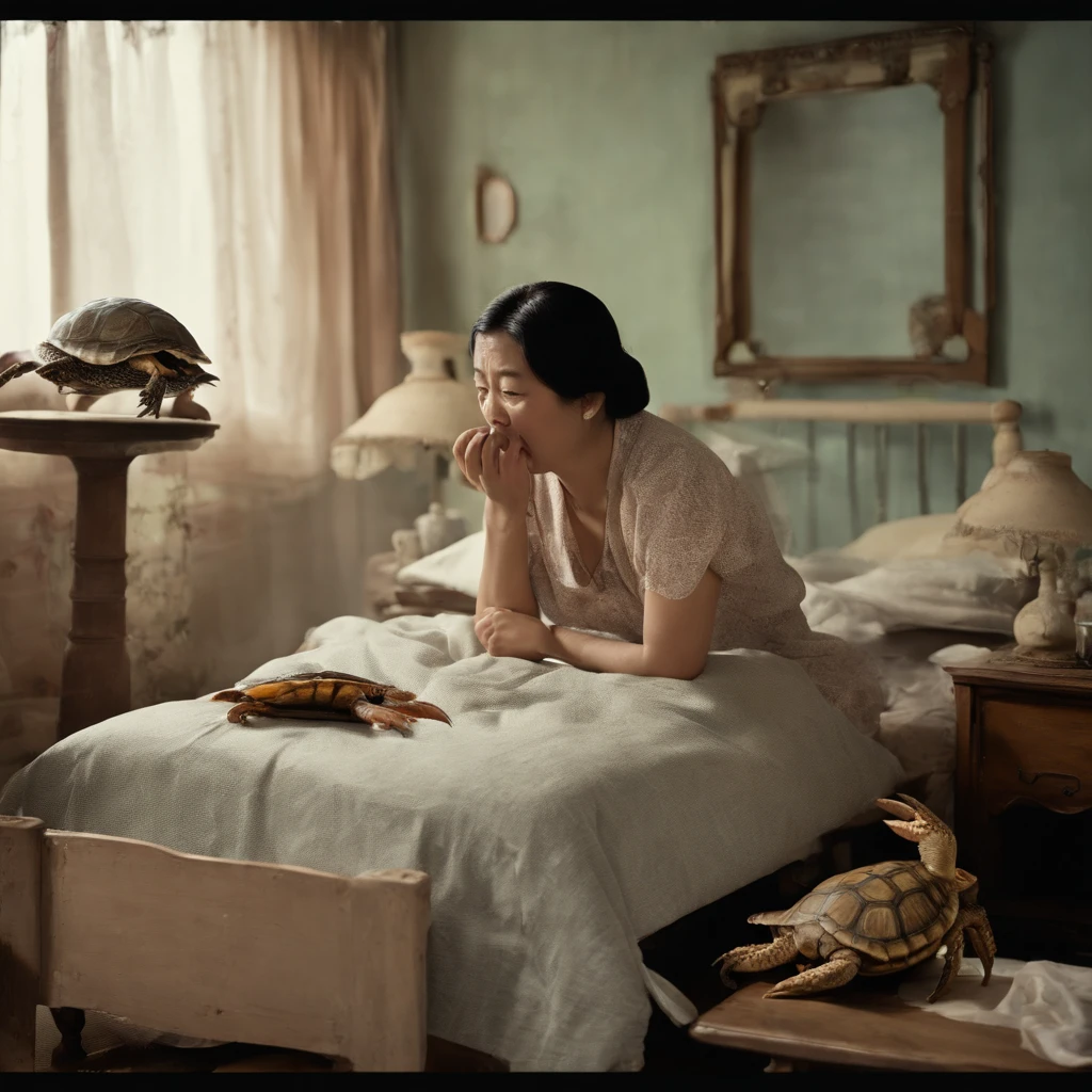 Rotting turtles and crabs crawl in a woman's bedroom at night after closing dirty curtains with large amounts of rotting internal organs, seafood, manure and vomit scattered in heavily polluted and murky sewage、Fat cute Japan woman spits out a large amount of food from her wide open mouth with a look of distress while her face is distorted by the stench