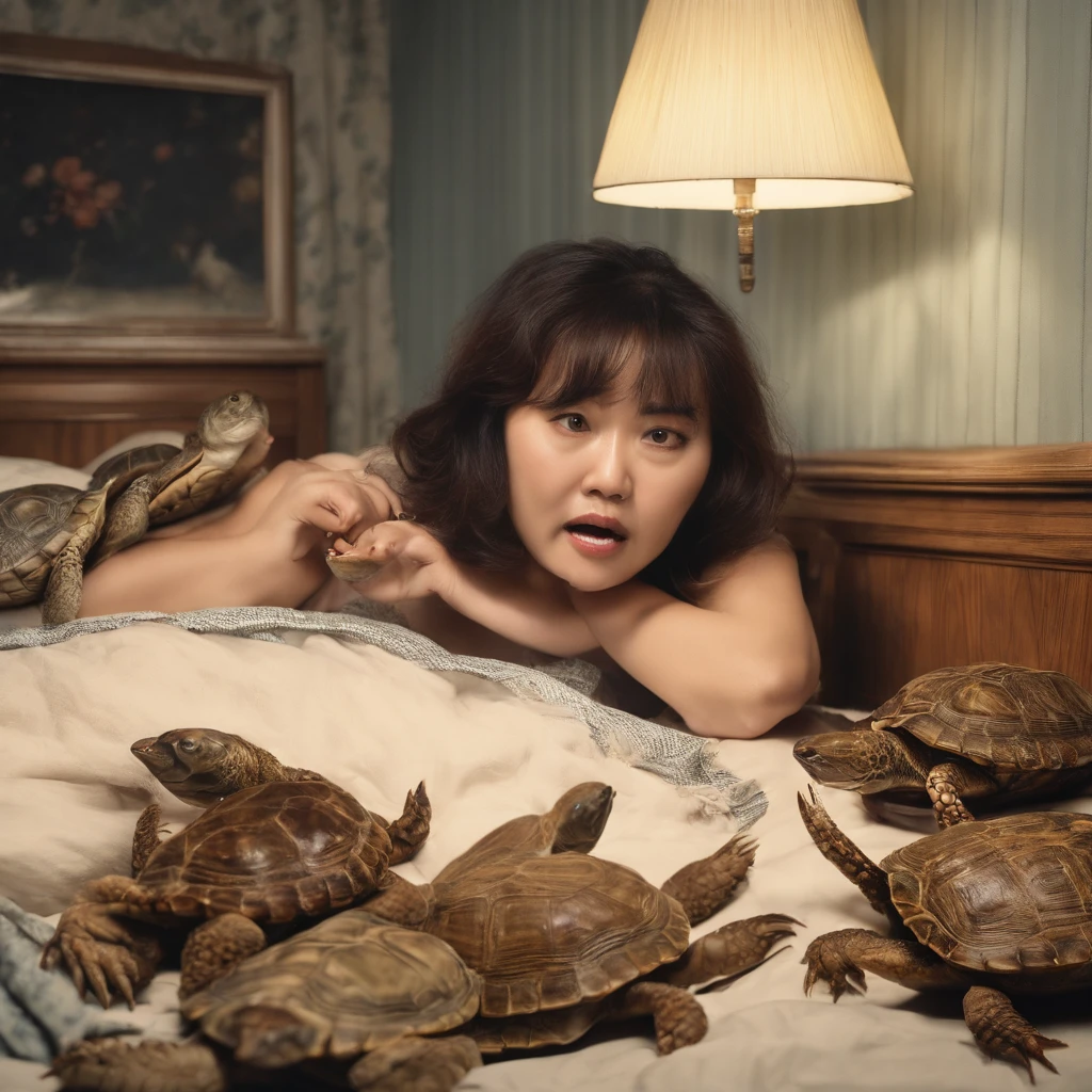 Rotting turtles and crabs crawl in a woman's bedroom at night after closing dirty curtains with large amounts of rotting internal organs, seafood, manure and vomit scattered in heavily polluted and murky sewage、Fat cute Japan woman spits out a large amount of food from her wide open mouth with a look of distress while her face is distorted by the stench