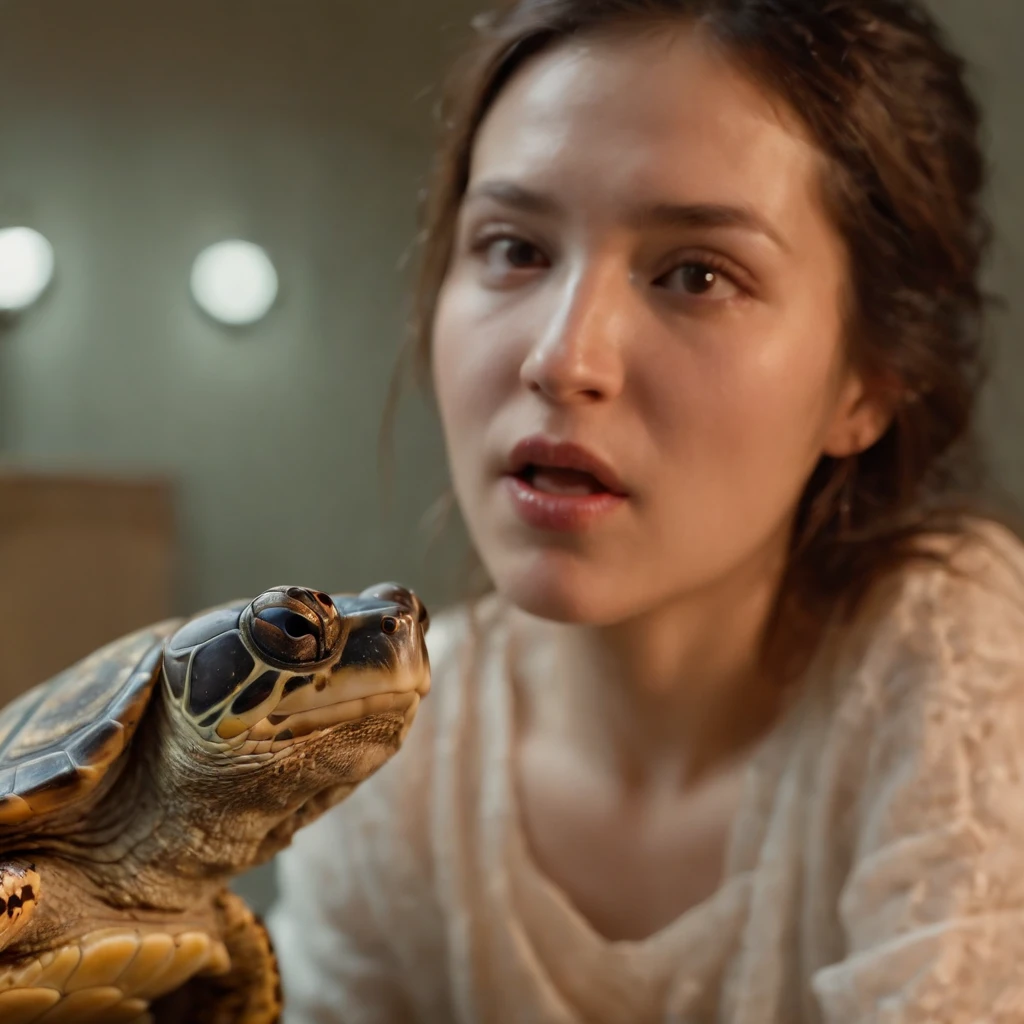 Rotting turtles and crabs crawl in a woman's bedroom at night after closing dirty curtains with large amounts of rotting internal organs, seafood, manure and vomit scattered in heavily polluted and murky sewage、Fat cute Japan woman spits out a large amount of food from her wide open mouth with a look of distress while her face is distorted by the stench
