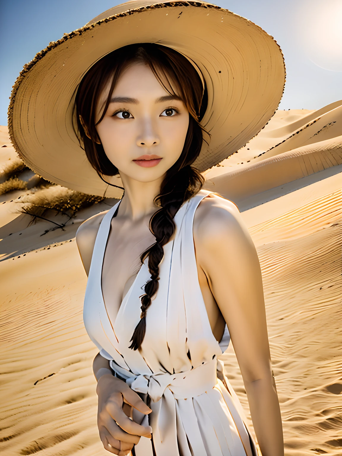 top-quality、masutepiece、8ｋ、独奏、Braids、a straw fedora hat、Close up portrait of woman in robes standing on desert sand dunes、lensflare、sandal、