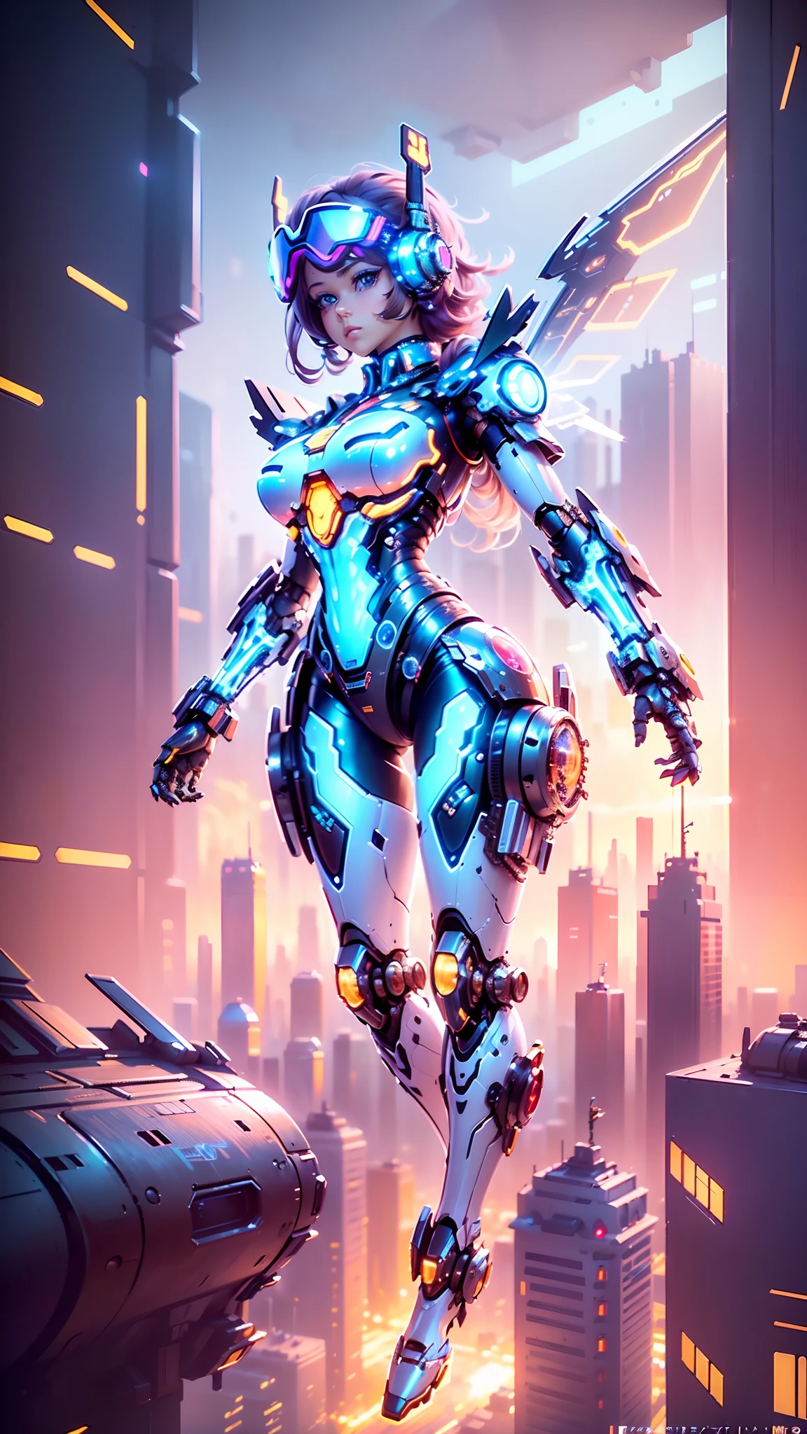 tmasterpiece，best qualtiy，highest  quality，ultra - detailed，Best resolution，8K，CG，illustration，realisticlying，aerial perspective，(Surrealist tech metropolis:1.2)，(The mech girl flew over the city:1.2)，(Mechanical wings with a sense of technology:1.3)，Transparent Goggles，Glowing tech mech