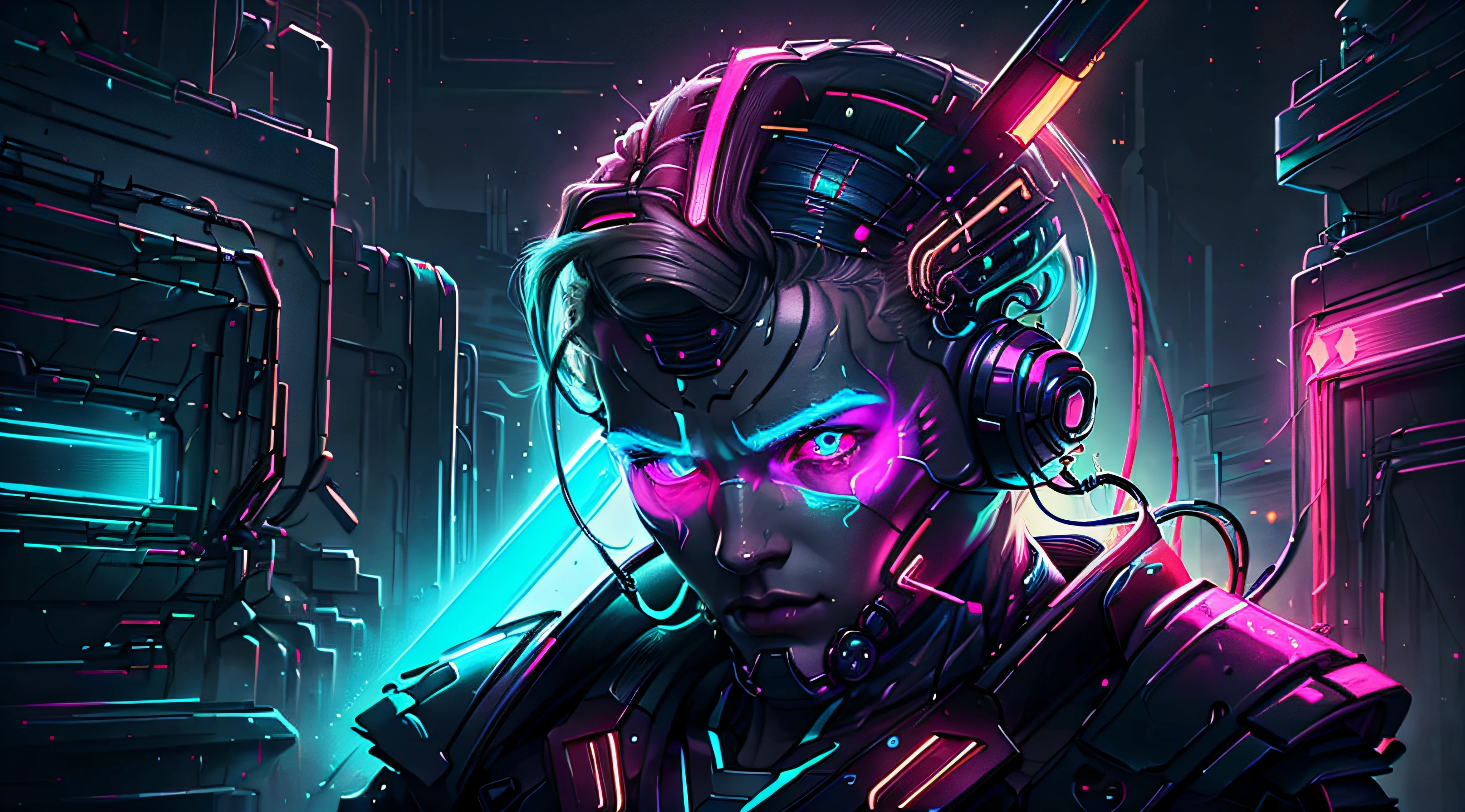 (Buchcover) (Meisterwerk), (highest  quality), (Offizielle Kunst, hochdetailliertes CG Unity 8k Hintergrundbild), (sehr detailliert), Attraktives Profilbild, Alchemistischer Cyborg, masculine, (gorgeous eyes, Leuchtende Augen, Heterochromia: 1.5) Ninja, Held, faul, asozial, revolutionary, Gleich, Neon-Kaltlicht, Retro futuristisch, vaporwave,
