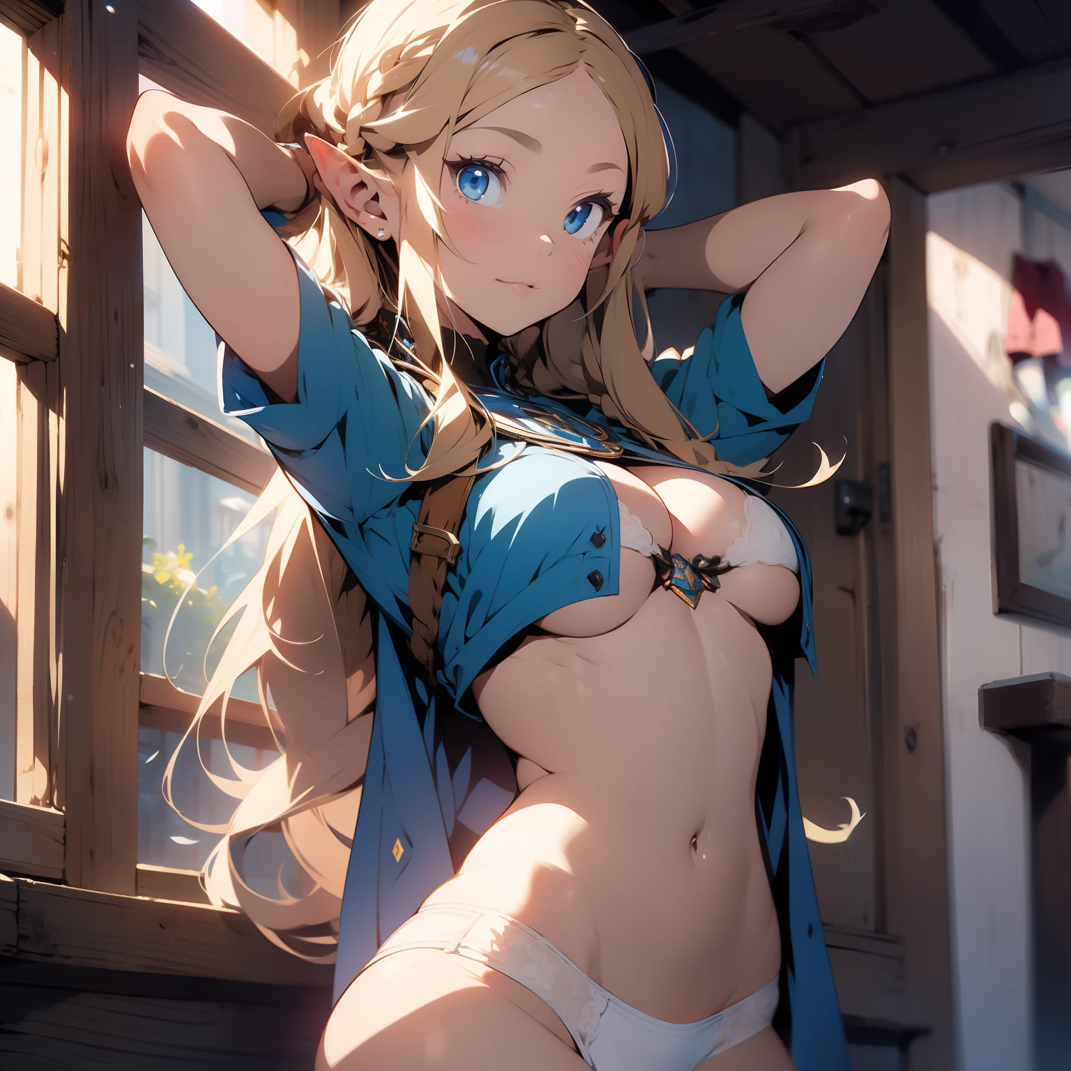 (masterpiece, best quality), cowboy shot, 1girl, indoors, beautiful, gorgeous, cleveage, expressive eyes, perfect face, ( Princess zelda )

blonde, disney modern style, underboob, white panties, long blonde hair, braid, blue detailed eyes,