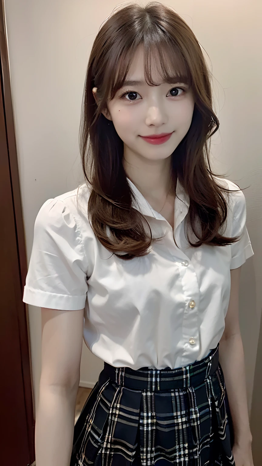 (masterpiece:1.3), (8K, Photorealsitic, Raw photography, Top image quality: 1.4), Japan high school girls、(Random hairstyles:1.2)、(small tits:1.3)、Super Detail Face、Eye of Detail、二重まぶた、foco nítido:1.2、prety woman:1.4、light brown hair、top-quality、masterpiece、超A high resolution、(Photorealsitic:1.4)、very detailed and professional lighting、slender、(A smile)、(eye line:1.1)、(Looking at the camera)、(full body Esbian)、Japanese girls' high school uniform、The skirt is plaid、(the length of the skirt is quite short:1.5)
