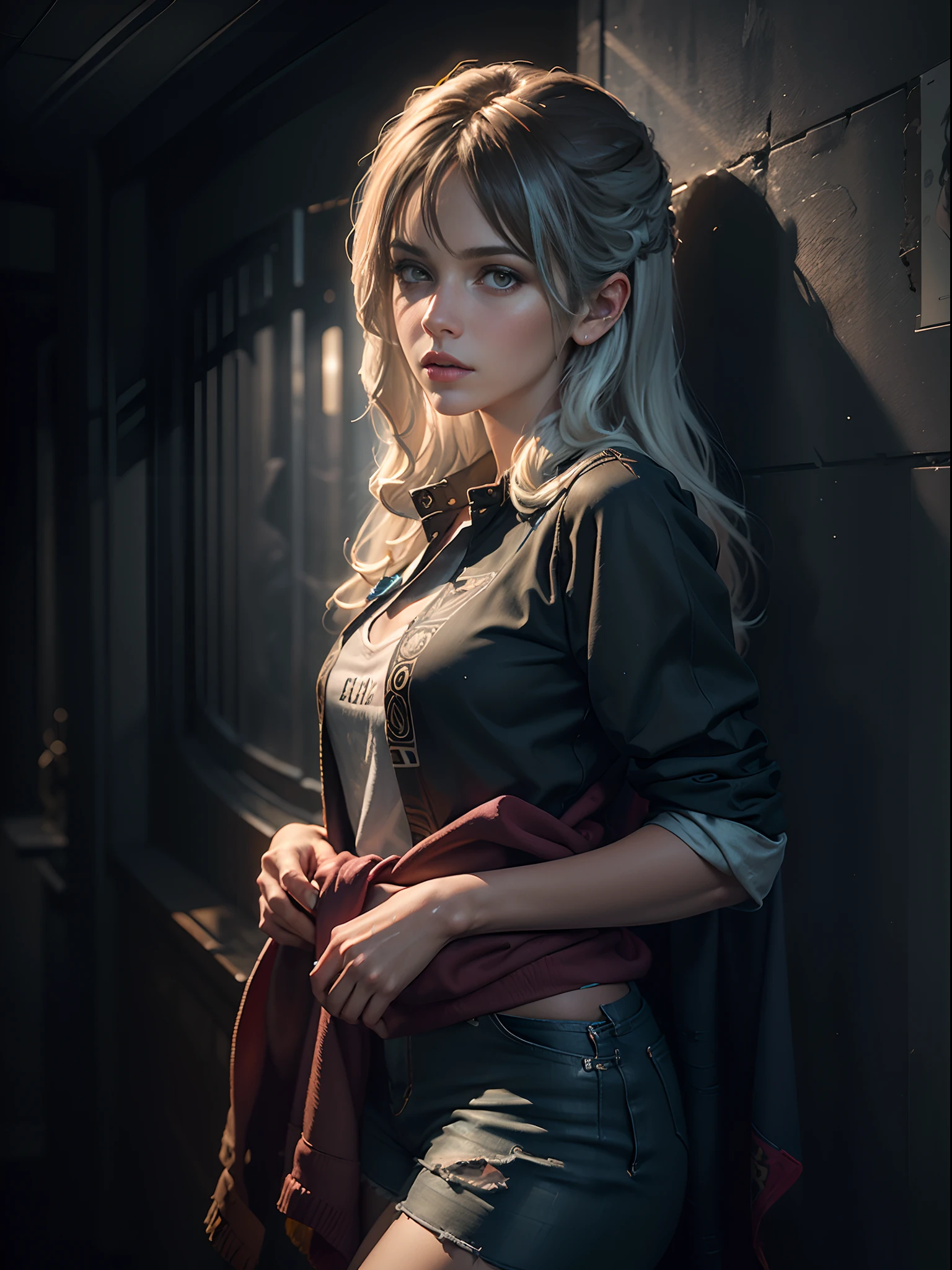(front focus), (in the dark:1.6), Hyperrealist portrait of female by david hockney and alphonse mucha, fantasy art, photo realistic, dynamic lighting, artstation, poster, volumetric lighting, very detailed faces, 4 k, award winning, 1girl, in the dark, deep shadow, low key, cowboy shot, (official clothing:1.4), long hair, white hair