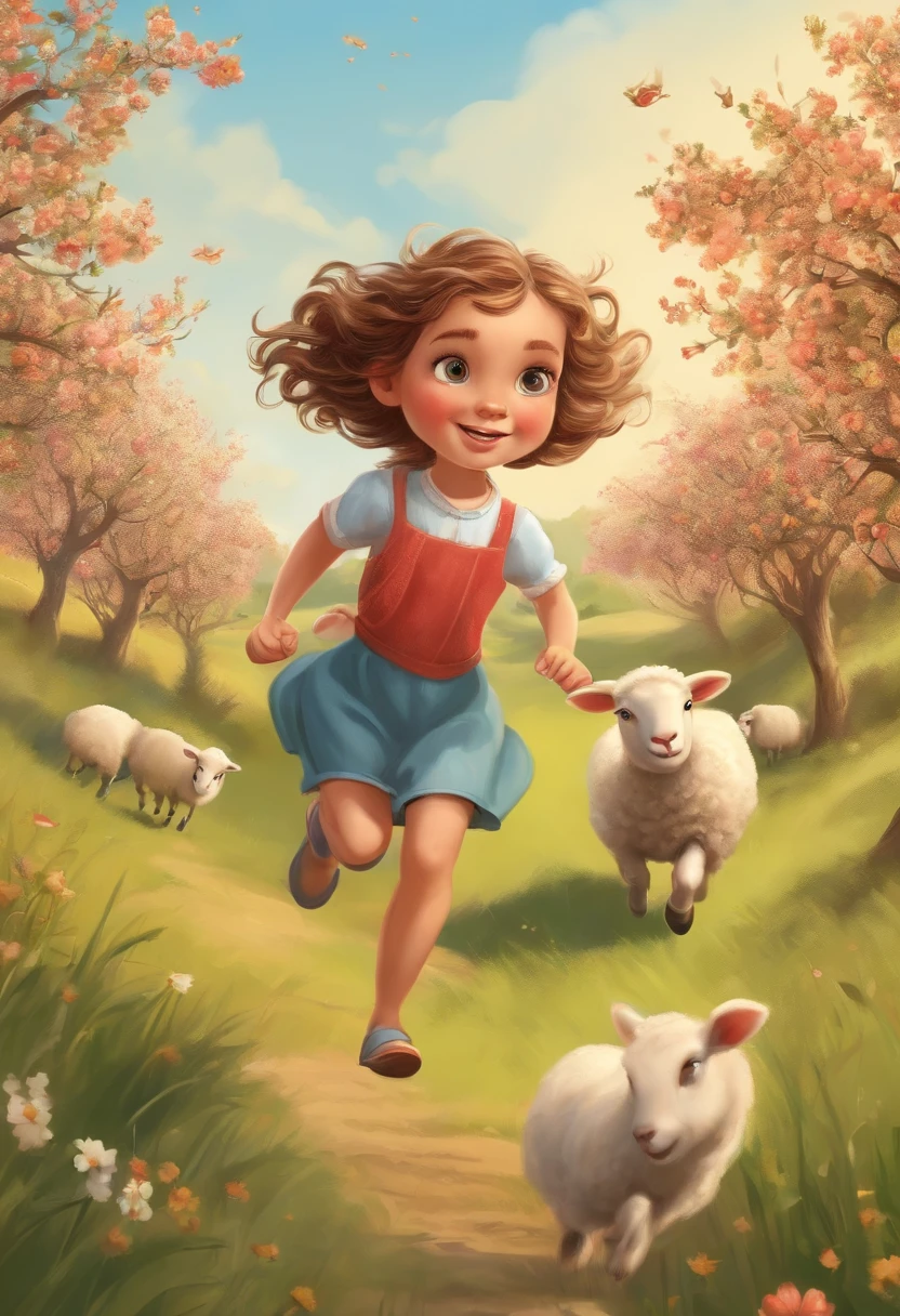 Vary fine and detail drawing Cartoon, Small girl running in a full of grassland, small flowers, some sheep, some apple tree with read apples. 1:5