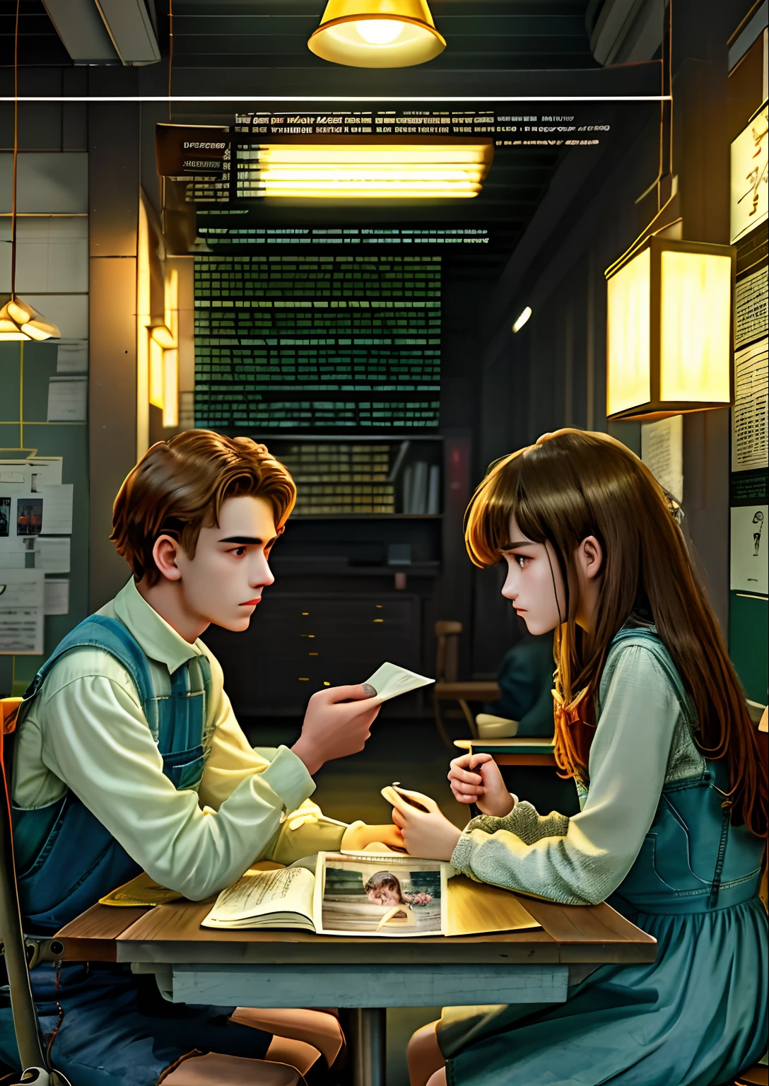 The boundary between young men and young girls,Men wear overalls,Women's clothing wears school uniforms,The two sat down facing the table,On the table was a book,Dim lamp lighting。Travel through time,For many years,7 of the last century、80s painting style,