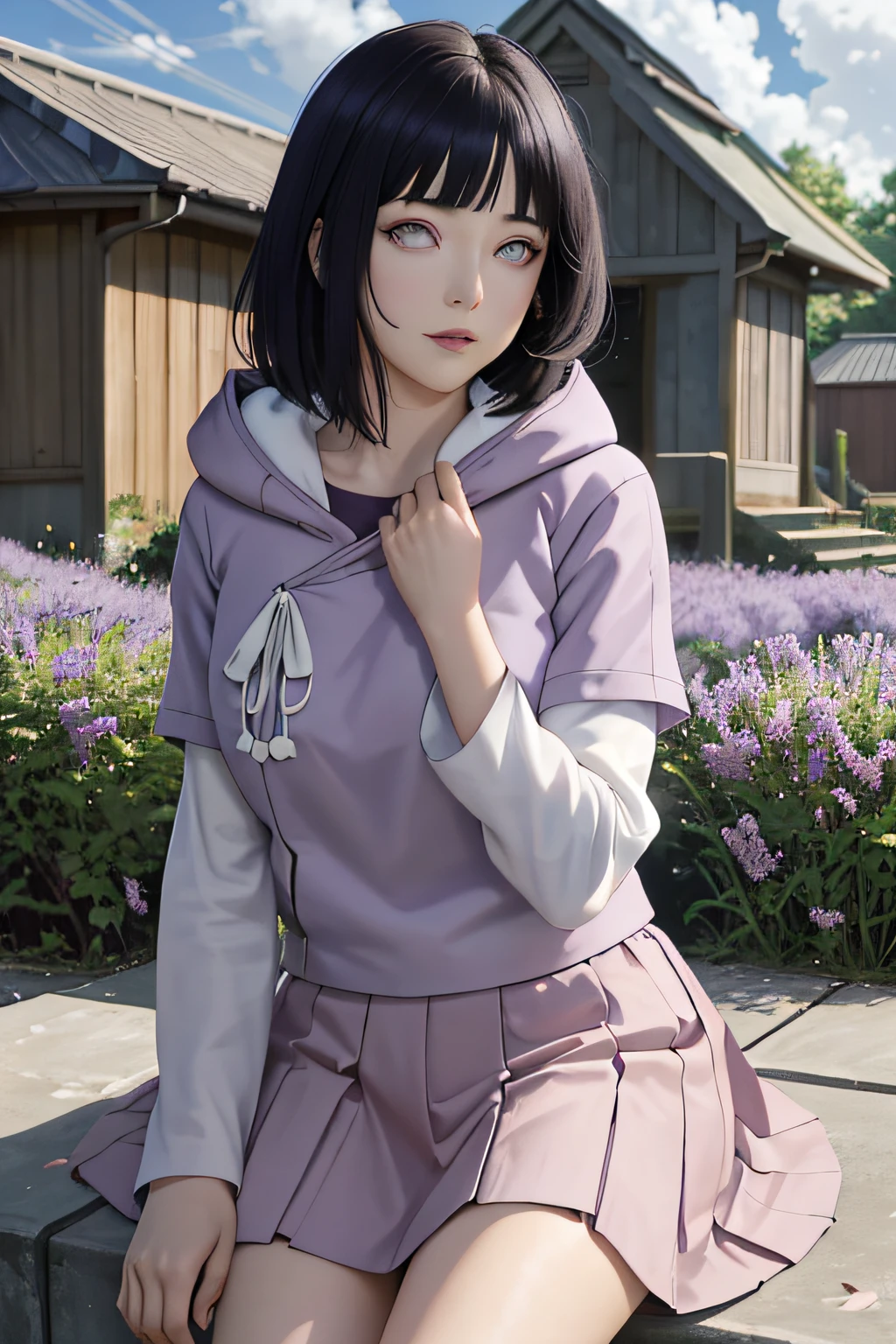 tmasterpiece， hoang lap， hyouka\（Boruto\）， 1girll， 独奏，a mature female， purple hoodie，layered sleeves，Short brown skirt，exteriors，Lavender flower field， looking at viewert， （Falling petals）， mostly cloudy sky， perfect compositions， detailed lips，， beauitful face， Body support， Be red in the face， （redish pink lips）， long whitr hair， a purple eye， soft gaze， Sad smile， Super realistic， A detailed， photoshoot， Realistic face and body， photo-realistic hair， photorealistic eye，realistic nose，realistic lips