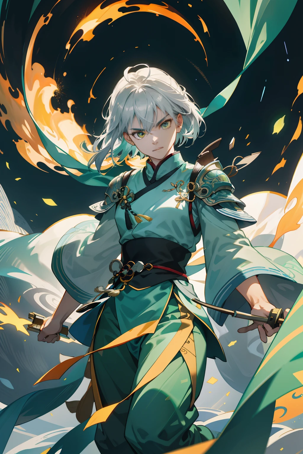 Tota Li Tianwang in Chinese mythology, (Homem de meia idade),(Fit and fit),(High- sharpness,ultra - detailed), tmasterpiece, best qualtiy, 独奏, Crimson robe and yellow pants, irate, Thick eyebrows, 详细的脸, ,(full body armors), swirles, spark of light,modern day,Senescence,serious,finely quality eyes, Complicated details, , 独奏, Half shot, detailedbackground,Hovering in the air,Floating green streamers、silver chain mail、Backlit realistic lighting、Armory、Hair flutters in the wind,Surrounded by ink,Surrounded by special effects, Clear face, Clear and bright eyes, High detail, (A high resolution, ultra - detailed), Cinematic lighting, Motion blur, Ray tracing, reflective light, (Close-up), Masterpiece, Best quality, High quality, Anatomically correct, Textured skin, High details, Super detail, 1080p, hyper HD,