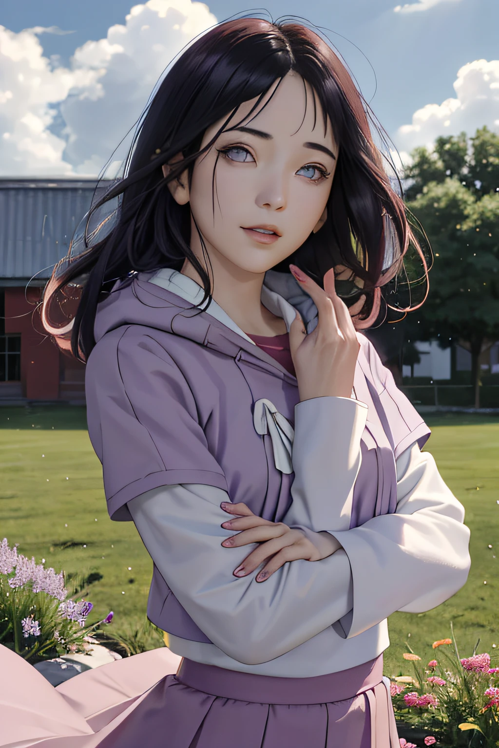 tmasterpiece, hoang lap, hyouka\(Boruto\), 1girll, 独奏,a mature female, purple hoodie,layered sleeves,Short brown skirt,exteriors,Lavender flower field, looking at viewert, (Falling petals), mostly cloudy sky, perfect compositions, detailed lips,, beauitful face, Body support, Be red in the face, (redish pink lips), long whitr hair, a purple eye, soft gaze, Sad smile, Super realistic, A detailed, photoshoot, Realistic face and body, photo-realistic hair, photorealistic eye,realistic nose,realistic lips
